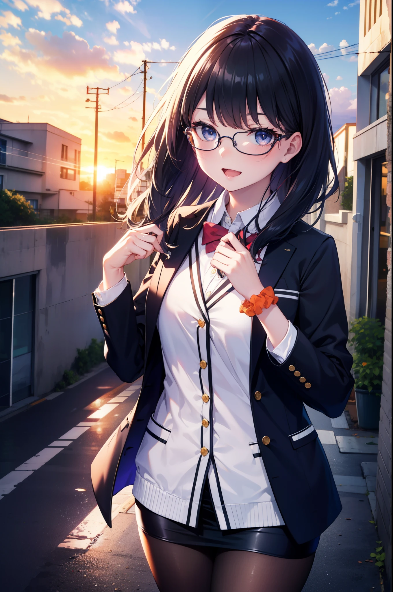 Rikka body, rikka takarada, Black Hair, blue eyes, Long Hair, happy smile, smile, Open your mouth,orange Scrunchie, Scrunchie, wrist Scrunchie,OL, Akagi glasses, black suit jacket, Collared jacket, White dress shirt, Collared shirt, Neckline, button, Black pencil skirt, Black pantyhose,Stiletto heels,evening,sunset,The sun is setting,walking,So that the whole body goes into the illustration,
break outdoors,In town,Building district,シティストリート
break looking at viewer, (Cowboy Shot:1.5),
break (masterpiece:1.2), highest quality, High resolution, unity 8k wallpaper, (figure:0.8), (Beautiful fine details:1.6), Highly detailed face, Perfect lighting, Highly detailed CG, (Perfect hands, Perfect Anatomy),