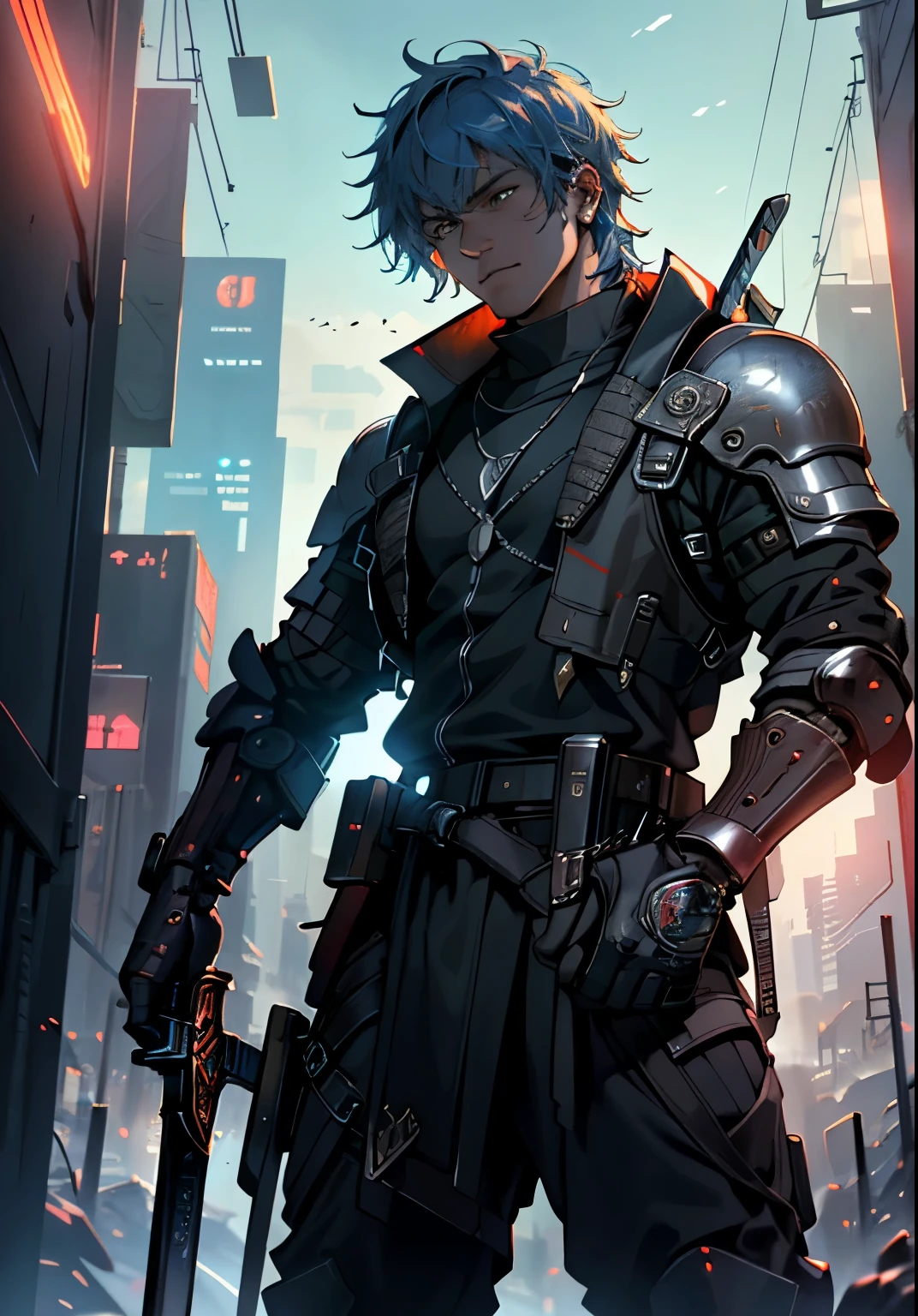 Ultra Detailed, high resolution, Ultra Detailed, best quality, Astonishing, top quality, Extremely detailed CG 8k wallpaper unit, Movie Lighting, Cyberpunk,The End, A male leader,Team of three,Wearing armor of different colors,Holding a long sword with blue light in hand,Full of armor,The expression is majestic,In an environment full of enemies,