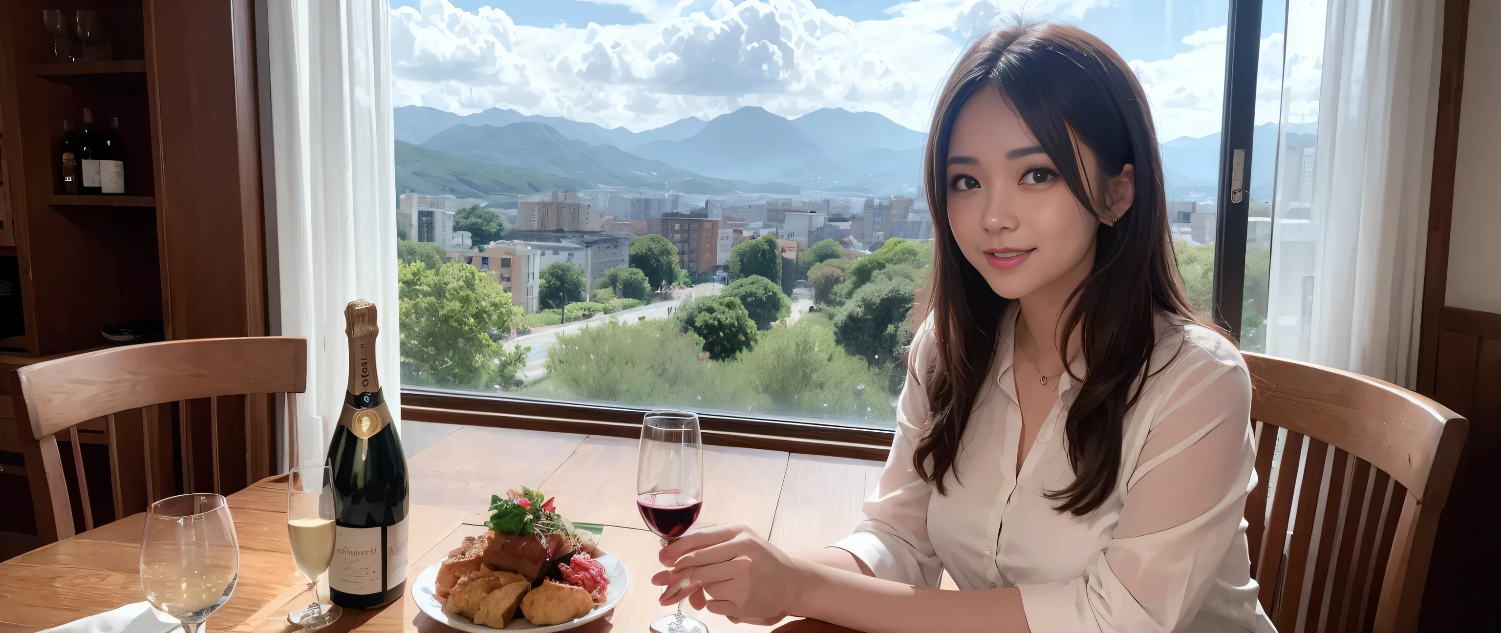 ((highest quality、8k、masterpiece:1.3))、Ultra-high resolution, Sharp focus:1.2、Beautiful woman perfect body:1.4、Spectacular view of the sunset sky and clouds、Amazing mountain views、Slim body、A lovely woman with a smile、red wine 、Appetizer、Italian food、Wine bottle、Champagne、sparkling wine、Bright image、, Beautiful Face, blue eyes, brown hair、Shortcuts、Bright Face、Fox face、 (33 years old), 36 years old, Lady、Two beauties、Long sleeve shirt、dress、Pretty Woman 1, (slim face), (The body is slim), (brown hair), (Shortcuts), cheeks turn a little red,charming beauty、, Out of the window, A beautiful and detailed night view unfolds.........., restaurant,Nova Frog Style, actress, model, Upper Body, White wine, slim, wine glass, (smile: 1.15), Beautiful fine grain, Depth f/2,saturation, High Contrast, Strong light and shadow,Moist Body:1.5、3D texture、Delicate eyes、brown hair、The hair is very shiny、