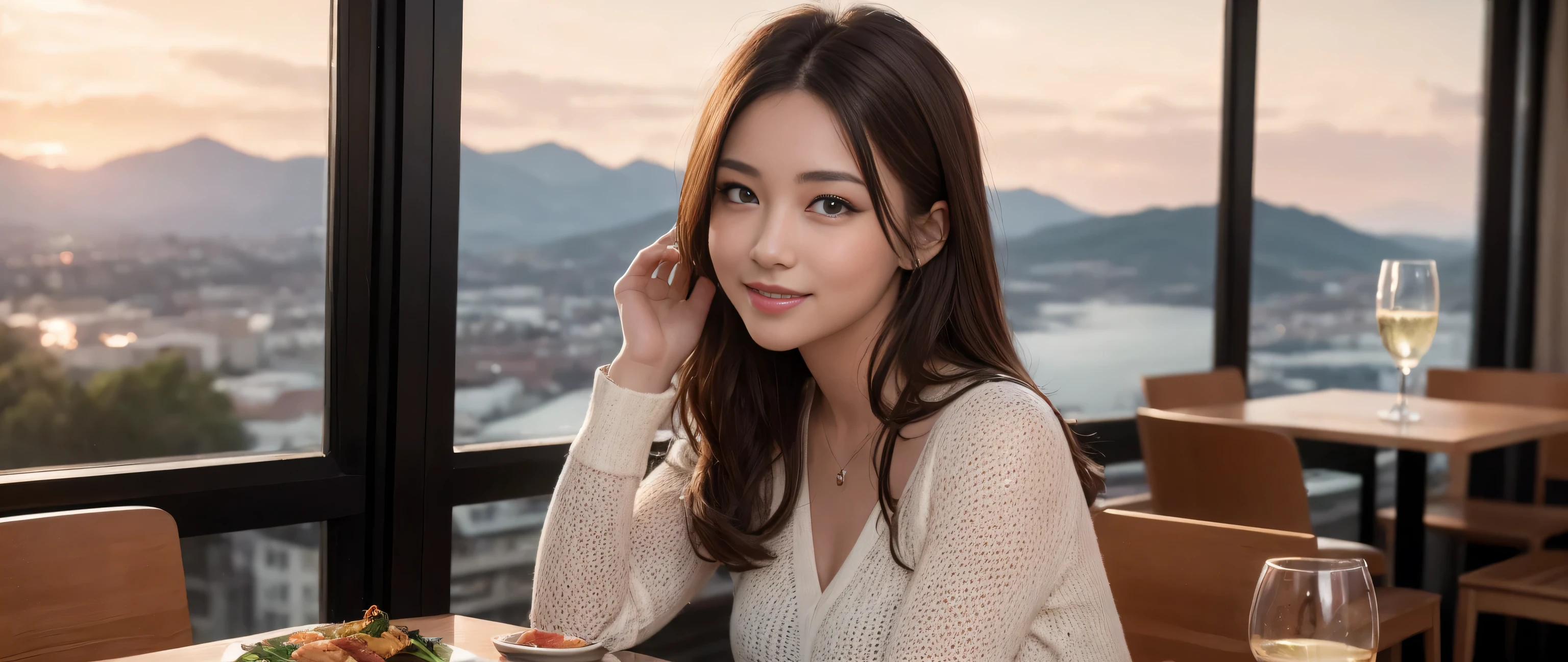 ((highest quality、8k、masterpiece:1.3))、Ultra-high resolution, Sharp focus:1.2、Beautiful woman perfect body:1.4、Spectacular view of the sunset sky and clouds、Amazing mountain views、Slim body、A lovely woman with a smile、red wine 、Appetizer、Italian food、Wine bottle、Champagne、sparkling wine、Bright image、, Beautiful Face, blue eyes, brown hair、Shortcuts、Bright Face、Fox face、 (33 years old), 36 years old, Lady、Two beauties、Long sleeve shirt、dress、Pretty Woman 1, (slim face), (The body is slim), (brown hair), (Shortcuts), cheeks turn a little red,charming beauty、, Out of the window, A beautiful and detailed night view unfolds.........., restaurant,Nova Frog Style, actress, model, Upper Body, White wine, slim, wine glass, (smile: 1.15), Beautiful fine grain, Depth f/2,saturation, High Contrast, Strong light and shadow,Moist Body:1.5、3D texture、Delicate eyes、brown hair、The hair is very shiny、