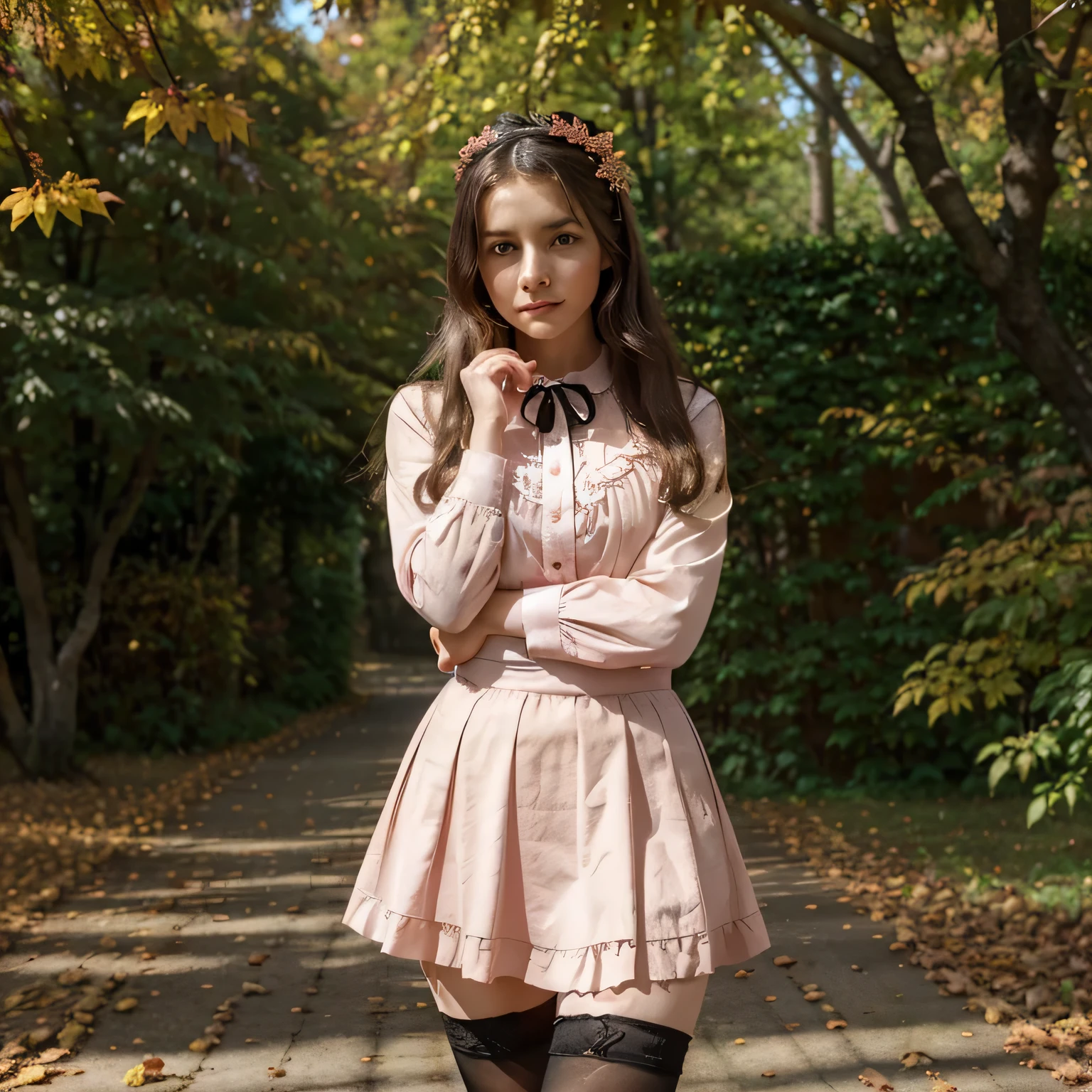 araffe woman in a pink blouse and black skirt standing in a leafy area, 🍂 cute, style of julia razumova, during autumn, thighhighs and skirt, inspired by Lucia Peka, 🍁 cute, outfit photo, around 20 yo, ekaterina, frilly outfit, in sunny weather, inspired by Vasile Hutopila