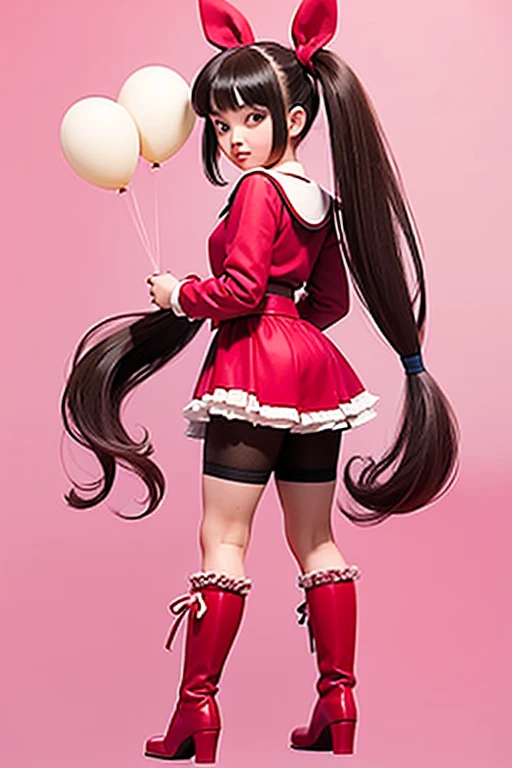 (holding ballons), (((full body))), real photo, 10 years old girl, Brat female , (((drawers))), ((looking back at me)), twin tails, big ribbon, red boots,