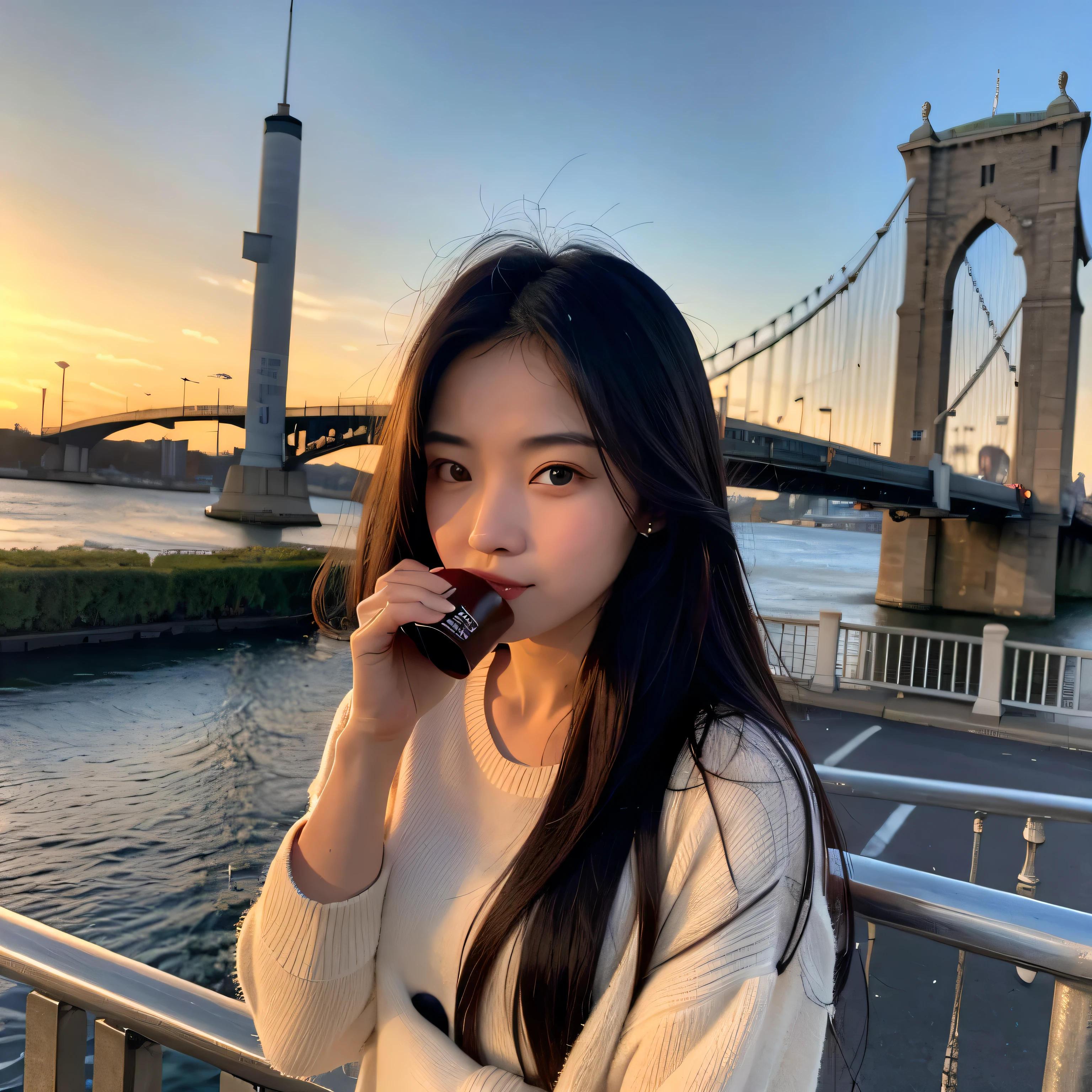 ((best quality)), ((masterpiece)), (detailed), perfect face, 20 years old girl , stand near the famous bridge , drink coffee, sunset time, looks like a celebrity, black long hair, cute face, black high heels