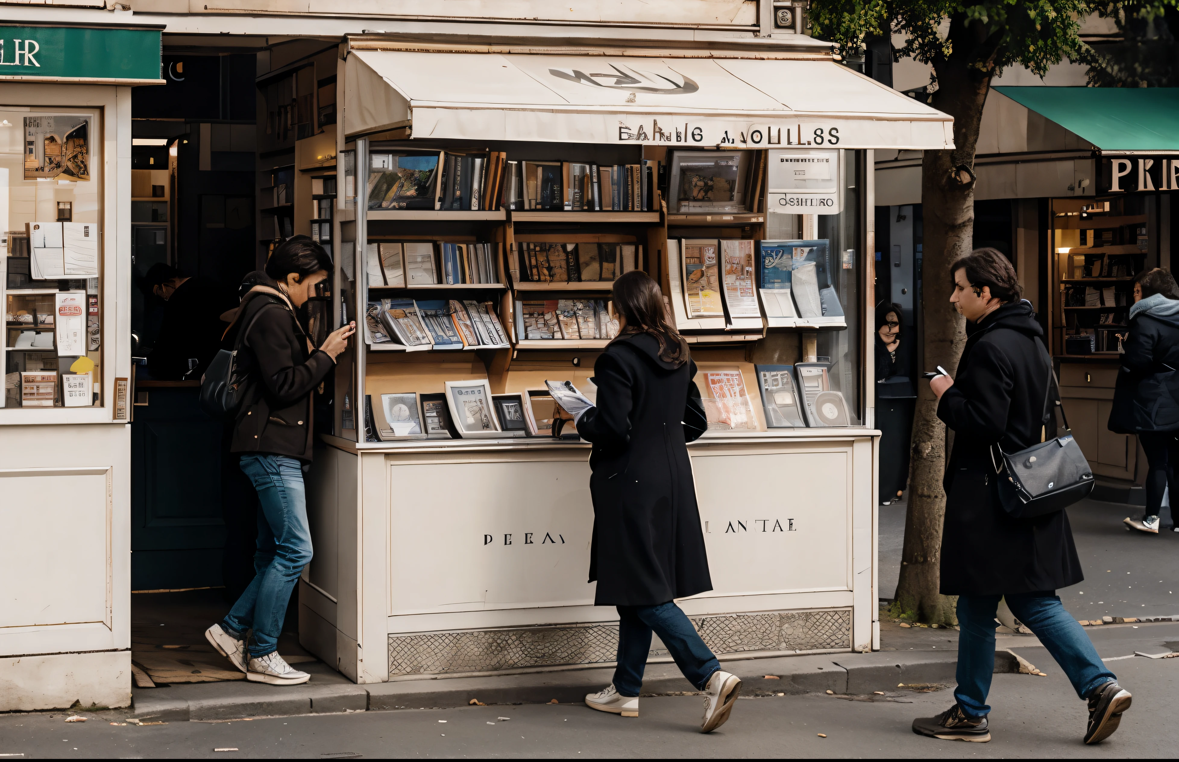 a kiosk selling magazines and journals in Paris with people dropping in to buy them 