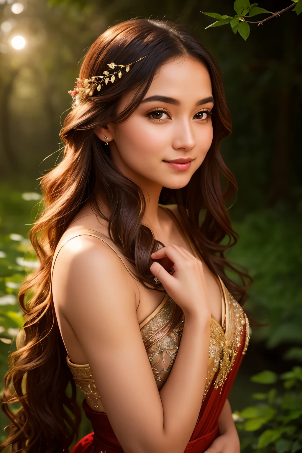 In a silent sanctuary where nature intertwines with enchantment, stands a graceful girl of extraordinary beauty, adorned in a gown that glistens with sunset hues. Her chestnut tresses cascade softly over her shoulders, mingling with the tranquil moonlight from the scarlet and sapphire moons above. The woodland encircling her is aglow with the gentle light of myriad fireflies, casting an aura of undeniable magic. Her gaze, locked with the camera lens, radiates a gentle smile, and her eyes are depicted with exquisite accuracy and meticulous detail. The girl's visage is unblemished