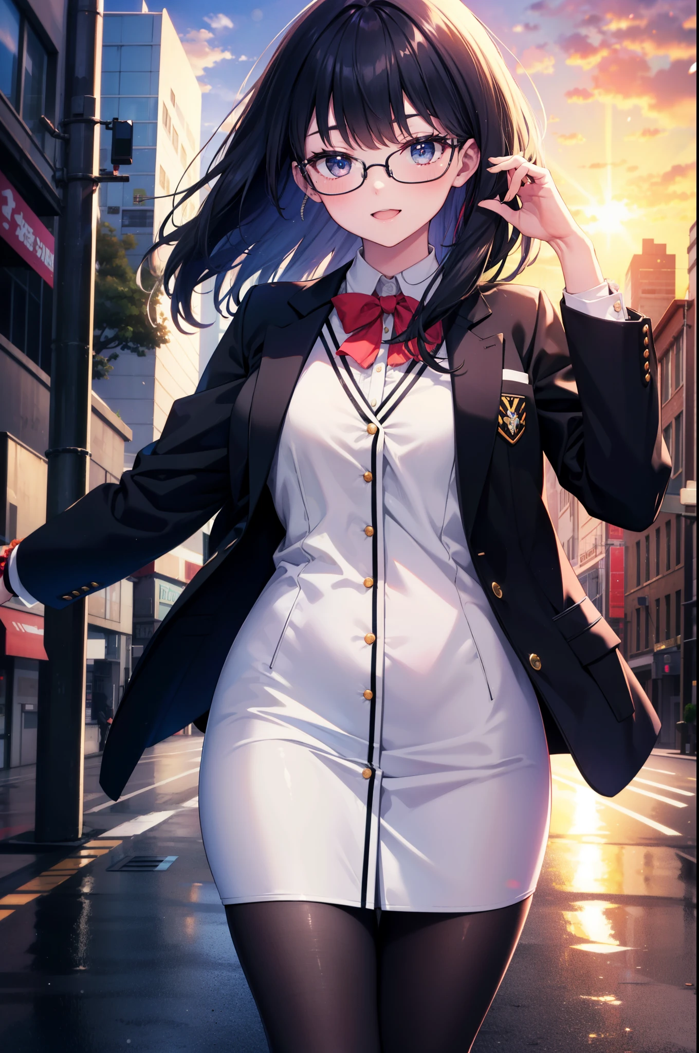 Rikka body, rikka takarada, Black Hair, blue eyes, Long Hair, happy smile, smile, Open your mouth,orange Scrunchie, Scrunchie, wrist Scrunchie,OL, Akagi glasses, black suit jacket, Collared jacket, White dress shirt, Collared shirt, Neckline, button, Black pencil skirt, Black pantyhose,Stiletto heels,evening,sunset,The sun is setting,walking,So that the whole body goes into the illustration,
break outdoors,In town,Building district,シティストリート
break looking at viewer, (Cowboy Shot:1.5),
break (masterpiece:1.2), highest quality, High resolution, unity 8k wallpaper, (figure:0.8), (Beautiful fine details:1.6), Highly detailed face, Perfect lighting, Highly detailed CG, (Perfect hands, Perfect Anatomy),