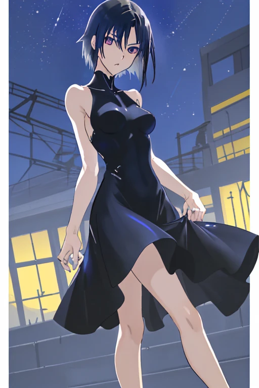 Female , Rubia, ((pelo corto)), ((ojos Azules)), vestido negro ajustado al.cuerpo, escote pronunciado, zapatos negros de.heeled, ne noche piso humedo, de oie, (cuerpo entero) ((estilo  Makoto Shinkai))