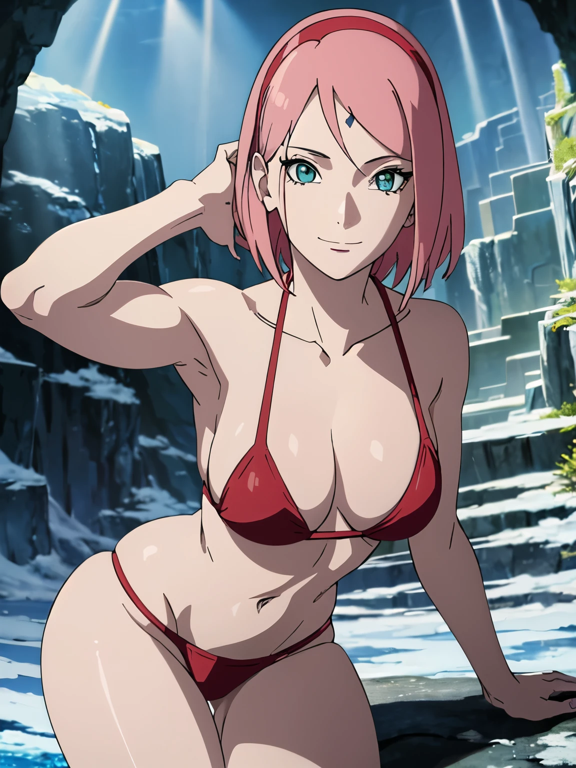 anime style, solo, 1 woman, from right, close view, (hand leaning, laying on cave, brushing hair), super ultra details, bold drawing lines, very high resolution, perfect anatomy, ultra detailed face, high vibrance, (blue light), ((cold colors)), 1girl, haruno sakura, (slim body, pale skin, thin belly , off-shoulders, biceps, toned arms, leaning forward, very pale skin, forehead mark, smile, hand leaning), ((red string bikini, red hair band)), looking at viewer, (cave), floating hair, big smile, cowboy shot, (reddish hair, detailed hair, missy hair, short hair, scattered hair), spring time, attractive colors