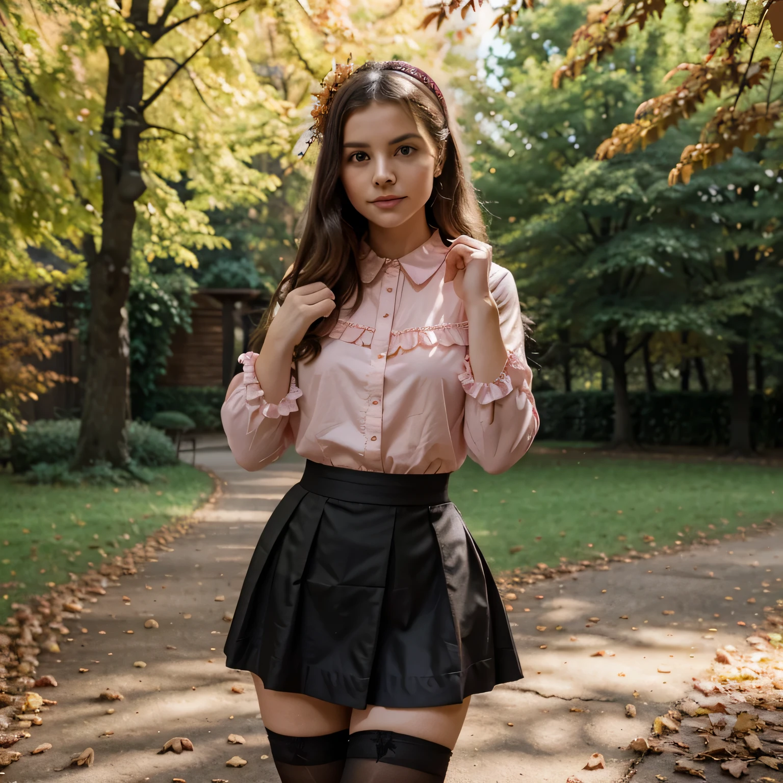 beautiful young girl with brown hair, 20 years old, delicate makeup, slim figure, large breasts, perfect figure, white T-shirt with a bow tie, black short skirt.  high-heeled shoes standing in a park full of flowers