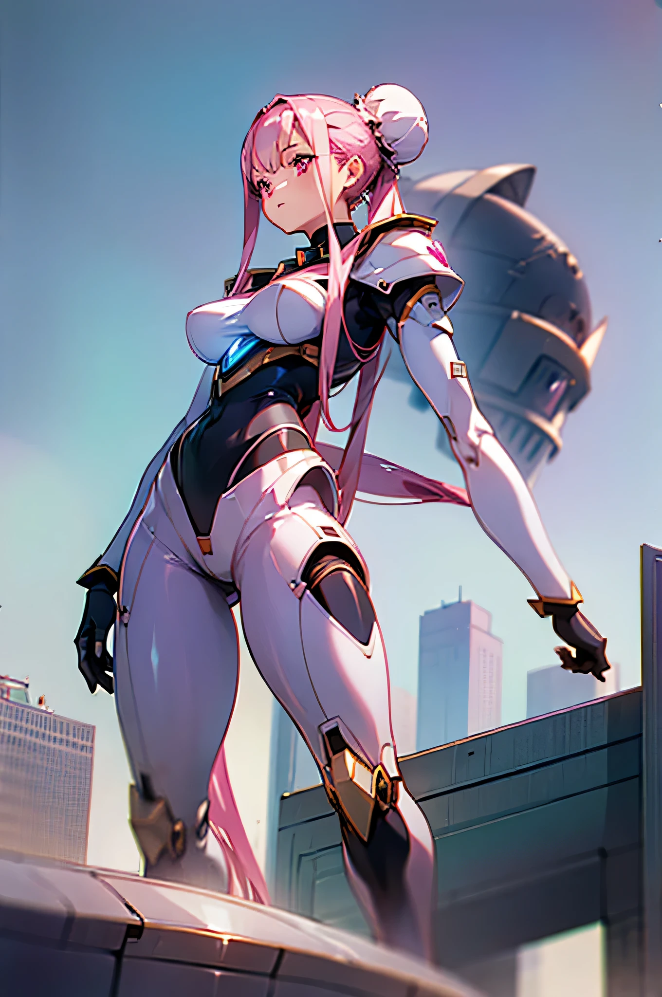 (very good, Professional, Surreal), Skyscrapers rising from the ground，Forming a spectacular future cityscape. centered in picture, A huge and impressive robot mecha girl stands tall. The pink metal shell shines, She is wearing a black bodysuit, masterpiece, highest quality, High resolution, {Detailed and beautiful eyes}, finely,  Detailed and beautiful eyes,1 Girl, (alone:1.5),  (Hair Ribbon:0.4), Pink Eyes,Cinematic Angles,perspective,White bun hair,long pink hair,