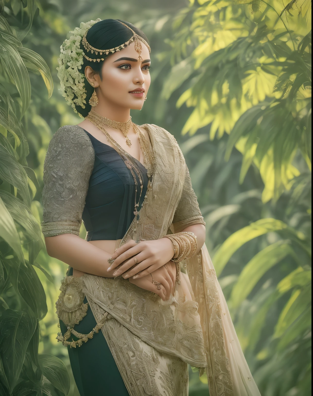 fashion photography portrait of indian girl with beautiful black hair, in lush jungle with flowers, 3d render, cgi, symetrical, octane render, 35mm, bokeh, 9:16, (intricate details:1.12), hdr, (intricate details, hyperdetailed:1.15), (natural skin texture, hyperrealism, soft light, sharp:1.2), detailed, sunlight passing through foliage, redis pink saree, 8k details, masterpiece, best quality, award winning photo, photorealistic, highly detailed, raw photo, realistic natural skin textures, rim light, hyperrealistic, low contrast, sharp focus, soothing tones, intricate, low key, masterpiece, best quality, award winning photo, photorealistic, highly detailed, raw photo, realistic natural skin textures, rim light, hyperrealistic, low contrast, sharp focus, soothing tones, 8k details, intricate, low key