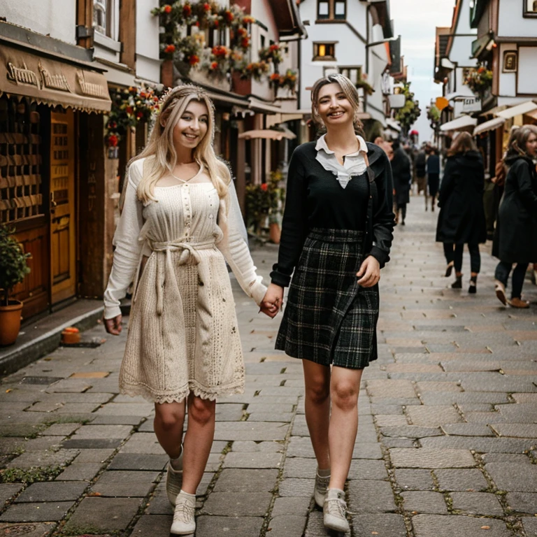 German girls,Walking in traditional German women's dress.