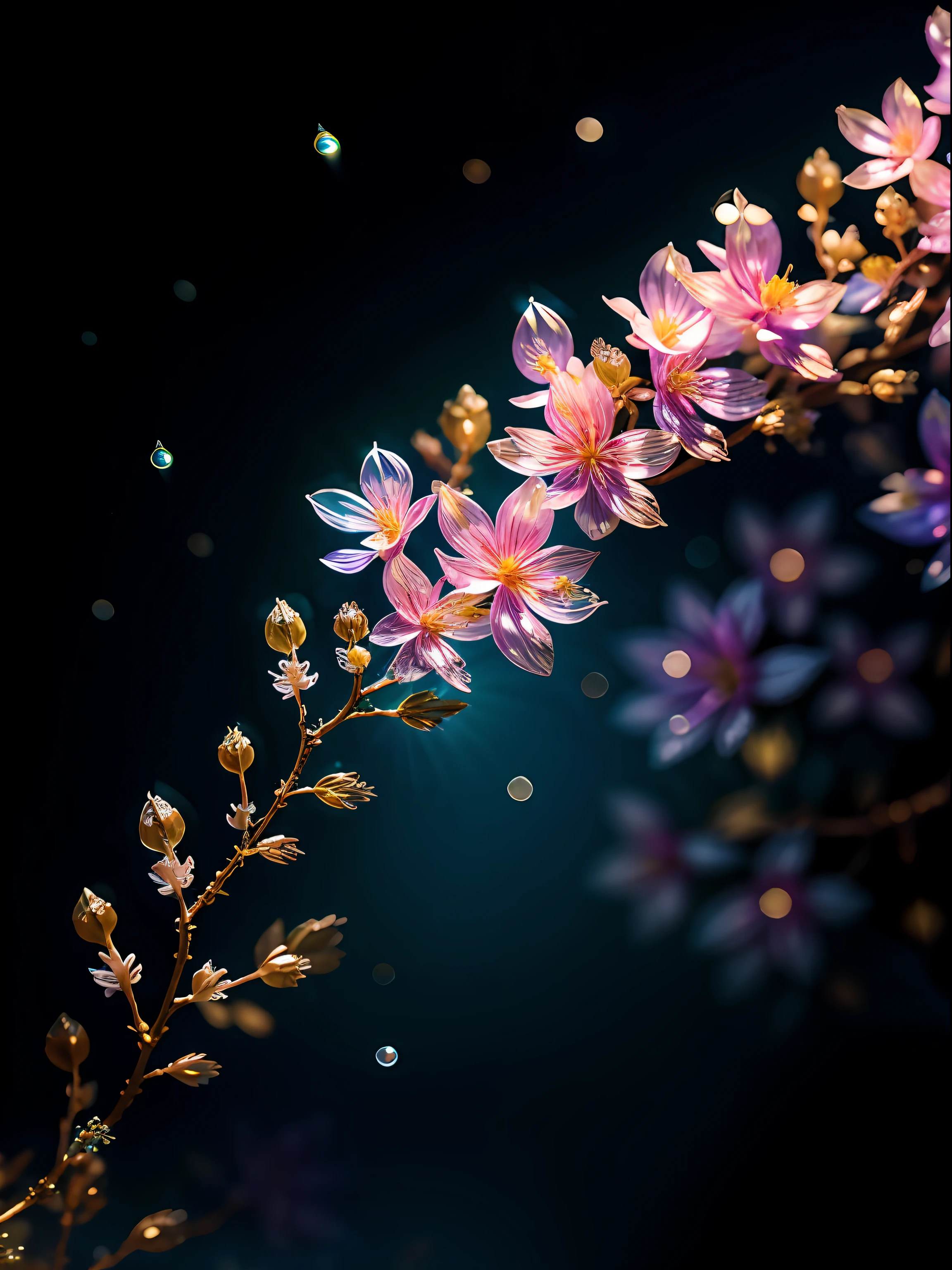 Delicate lilac branches, Ultra-transparent, holy Light, beautiful spectral Light, 花瓣发Light, Flash, Dark background, drops of transparent Light, reflective Light, bright, Light streaming in, Light学, Portrait Profile, Sharp focus, magic, Wheels within wheels, Surreal, fantasy, work, Light, Trending on artstation, pearl, Silver Steam Guardian Cloud, Corrosion Envelope Ray Family, 8k, ureal ar 23v4 upLight