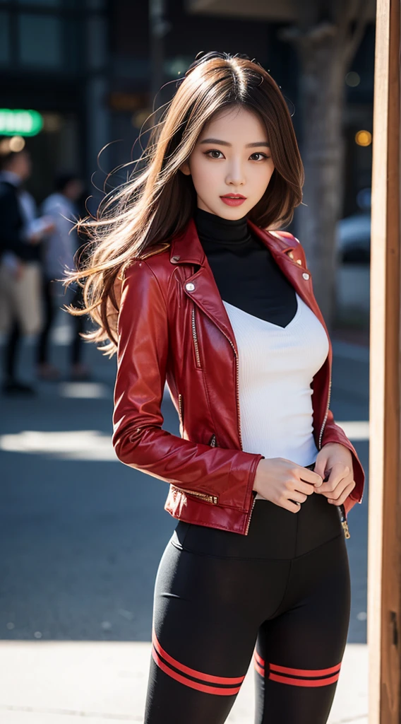 8k resolution, Exquisite facial features, perfect face, Superman, Super hero, Star symbol on chest, Wearing the back, Lines on the forehead, female image, A beautiful lady, Glowing skin, High Detail, Higher quality, beautiful girl, Long blond hair, Tight leather jacket, (乳胶Tights), (A major breakthrough)), Gym, Delicate face, {{illustration}}, {Extremely refined}, {Exquisite makeup}, {{红色Tights女孩}}, Super detailed, (Black and red stripes on clothing), Delicate and bright eyes, Red leather jacket, Tights, {{movie lights}}, street, Extreme Light Effect