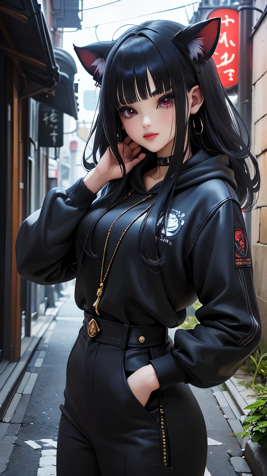 (La mejor calidad,A high resolution,Ultra - detallado,actual), cabello largo con flequillo, (orejas de gato), vistiendo minifalda plisada blanca y auriculares streetwear, passion blue hoodie, en el pecho dice &#39;Funk del futuro&#39;, amidst a vibrant futuristic cityscape illuminated by neon lights.More detailed 8K.motor irreal:1.4,HD,La mejor calidad:1.4, fotorrealista:1.4, textura de la piel:1.4, obra maestra:1.8,obra maestra, mejor calidad,objeto Objeto], (rasgos faciales detallados:1.3),(Las proporciones correctas),(Ojos hermosos rojos:1.4 ),  (pose vaquero), (dedos detailed :1.4), ,( ciberpunk 2.1), (estilo kawaii:1.4), (Background an alley of stone walls Tokyo :1.4), (perfect anatomy :1.4) 