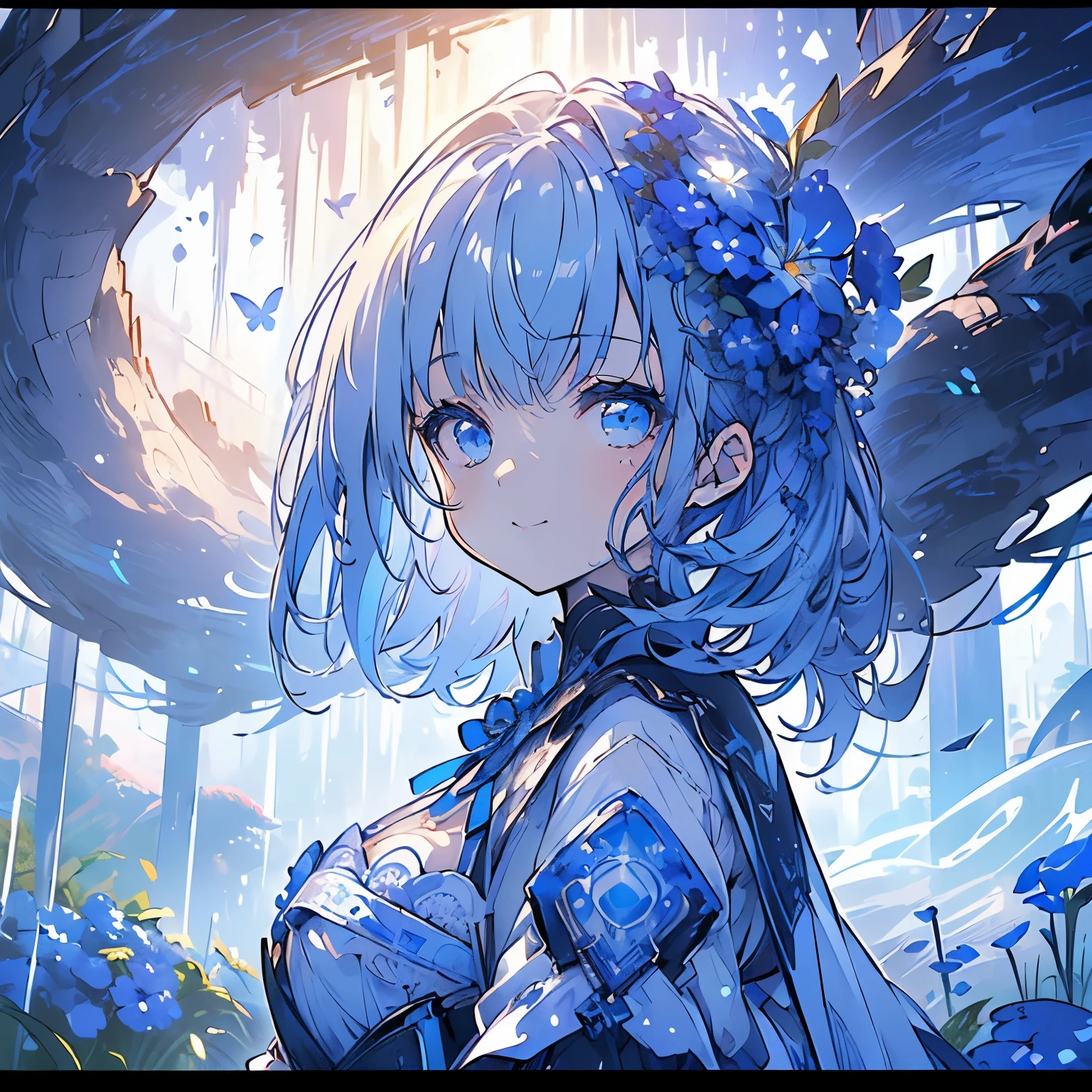 ((((masterpiece, best quality, ultra detail, very_high_resolution, large_filesize, full color)))), Beautiful blue and white nemophila flowers bloom all over the place., A girl is standing looking at me, Very pretty and beautiful woman, She looks so happy and has the biggest smile, High definition, Masterpiece, Lens flare, 