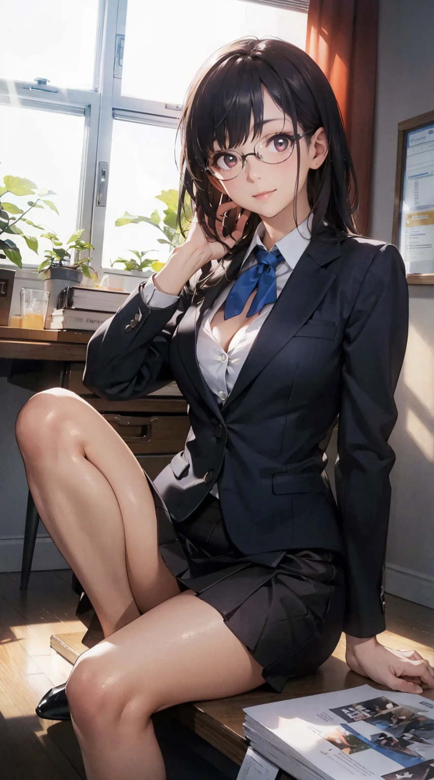 NSFW, (Official art、Best Quality、Unity 8k Wallpapers、32K、masterpiece、ultra-detailliert、超A high resolution、realisitic、Photorealsitic:1.2)、(natural soft light:1.2)、Fireglow effect、film grains、Best Shadows、side lights、sideshot、(Ultra-detailed and complex 3D rendering)、Detailed beautiful face and eyes、Sharp pupils、Realistic pupiliddlebreasts、Smile、high-heels、Woman in skirt and shirt sitting on desk, Office Clothes, on desk, Sit on a desk, Sitting on a desk,bent at the knees、Opening legs、open one's legs、pantie shot、 wearing business casual dress, A sexy、business clothes, In the office, wearing a suit and glasses, Fully dressed, business outfit, embarrassed from, A slight smil、Business attire、cleavage of the breast、A sexy、