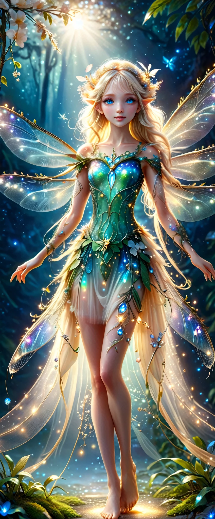 (master piece), 8k, best quality, panoramic view, full body view, fairy, emanated an aura of delicacy and youth,  centimeters tall. Her skin was white as snow, while her blonde hair shone like strands of gold in the sun. Her very conservative clothes that cover her body well, made of skillfully woven flower petals, 4 delicate translucent dragonfly wings, exuded an enchanting glow, lighting her way with pure magic. Her blue eyes sparkled, while her pointed elfin ears added a touch of charm to her celestial appearance.