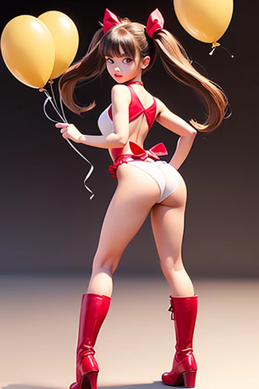 (holding ballons), (((full body))), real photo,  girl, Brat female , (((drawers))), ((looking back at me)), twin tails, big ribbon, red boots,