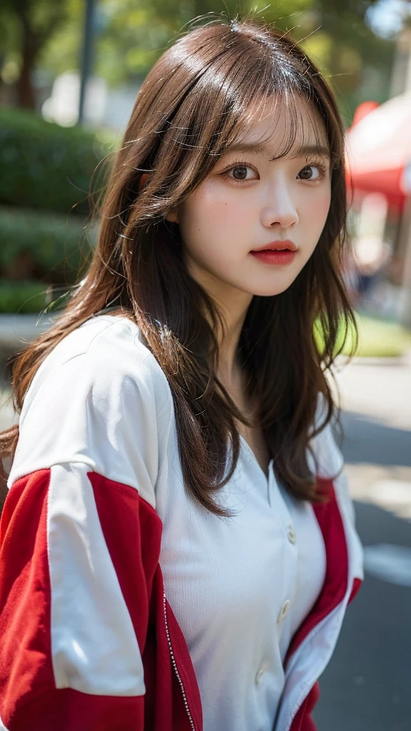 (((HD Photos))), Ultra-high resolution.Realistic:. 1.4, UHD, masterpiece, Trending on ArtStation, Portraiture, Upper body shot, 1 Girl, cute, cute顔, Detailed face, The most beautiful in the world, soft, delicate, (Long Red Hair), Big Saggy Tits (wearing a racing jacket), Sunburned, san francisco bay, software:2,