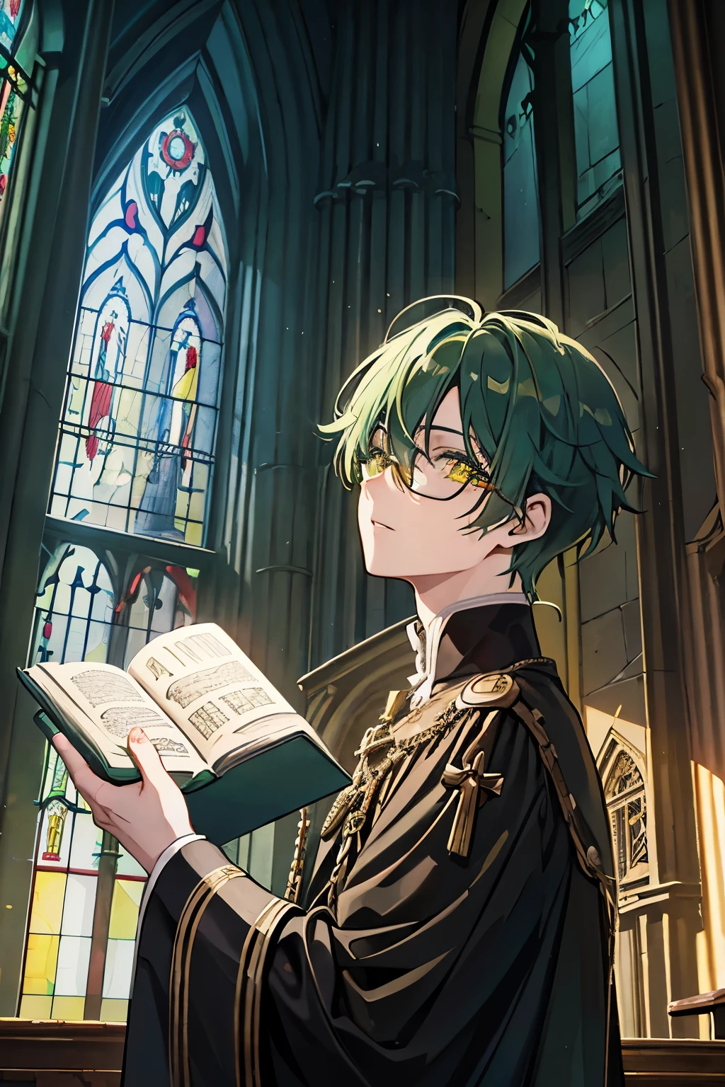 male Deep green hair Yellow Eyes steampunk church Looking up at the stained glass Glasses Priest have a book masterpiece Highest quality Noise Reduction Clear parts Cinematic Shadows Increased eye appeal Clear parts the shine of the eyes Draw eyelashes neatly Perfect Eye Detailed eyes Sharpen the image quality Sharpen the eye lines Clear parts eye shape