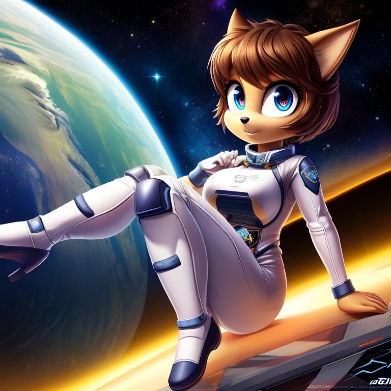 ((masterpiece)), studio quality, highly detailed, extreme detailed, high quality, max detailed, hyper detailed, space, universe, 1girl, hamset, attractive, gorgeous body, medium breast, brown short hair, galactic eyes, spacesuit, logo parody, logo