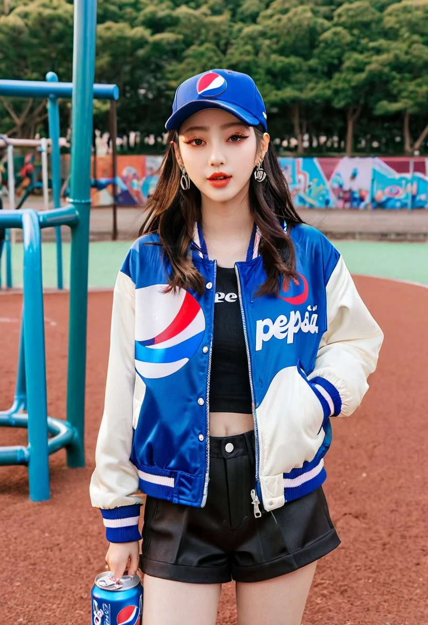 araffe wearing a pepsi jacket and a baseball cap standing in front of a playground, pepsi, she is wearing streetwear, soda themed girl, krystal, ulzzang, bae suzy, lalisa manobal, bomber jacket, jacket, dilraba dilmurat, 2 0 2 0 fashion, bella poarch, wearing track and field suit, sports jacket