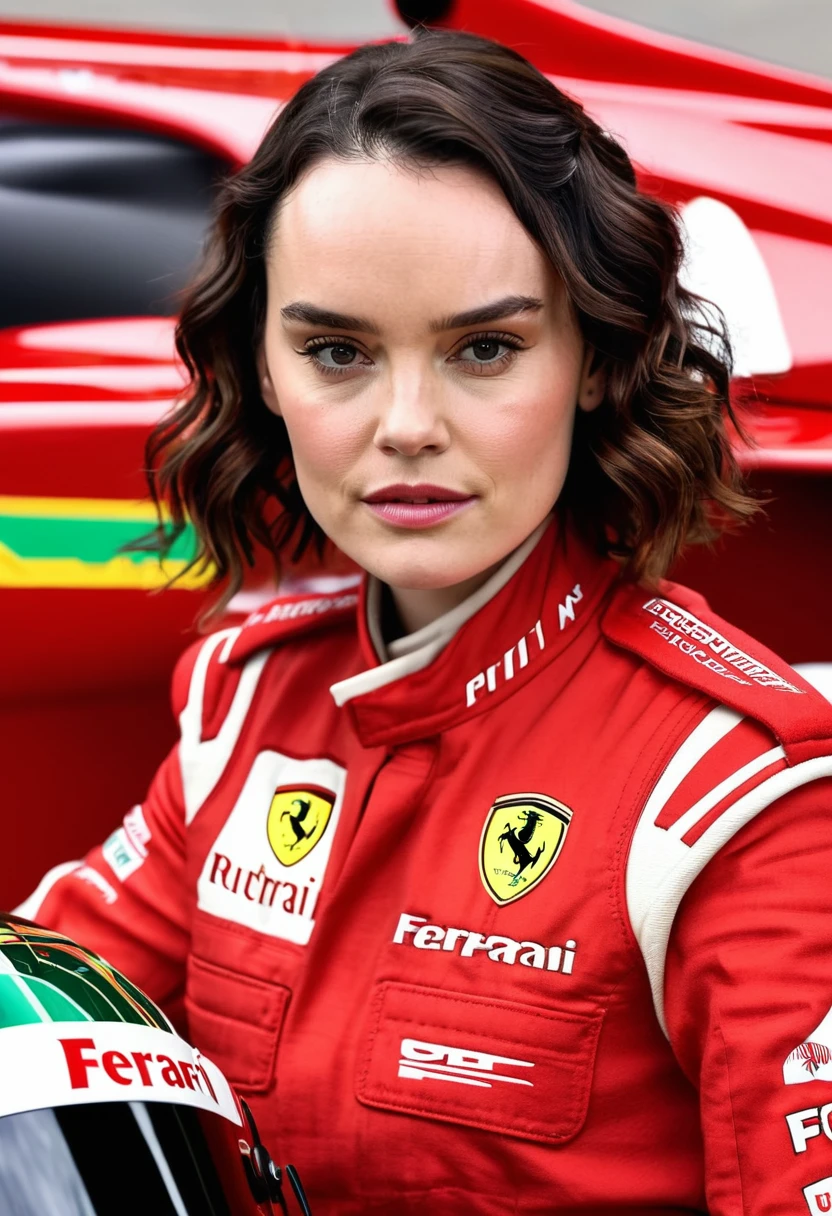 Daisy Ridley as a Ferrari Formula 1 driver , usando um uniforme de piloto vermelho da Ferrari, looking at the camera,com um olhar misterioso, cabelo muito curto bem desarrumado e suado, estilo Midjourney