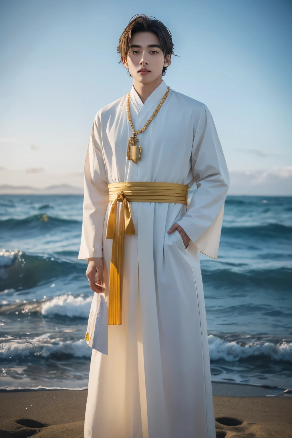 A beautiful young man,Wearing religious clothing,Standing by the sea,Golden eyes,There are bells and colorful ribbons on the clothes,The expression was solemn