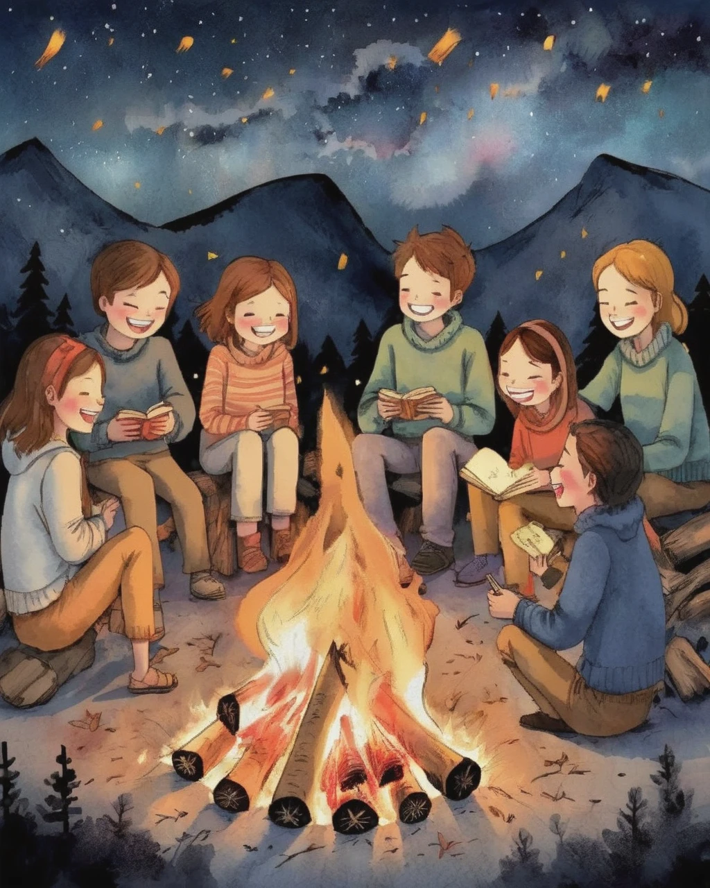 A group of friends sitting around a campfire,Their laughter and stories mingled with the crackling fire.,Night Sky上闪烁着星星,(Bonfire Friendship),(tell a story),(Night Sky),Bonds of friendship, (Storybook illustration:1.7)、maximalism