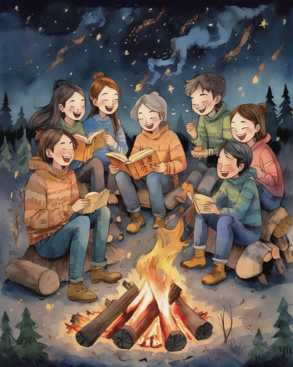 A group of friends sitting around a campfire,Their laughter and stories mingled with the crackling fire.,Night Sky上闪烁着星星,(Bonfire Friendship),(tell a story),(Night Sky),Bonds of friendship, (Storybook illustration:1.7)、maximalism