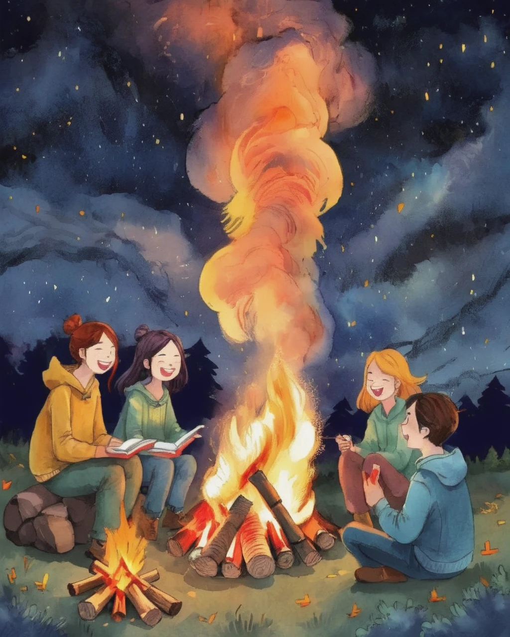A group of friends sitting around a campfire,Their laughter and stories mingled with the crackling fire.,Night Sky上闪烁着星星,(Bonfire Friendship),(tell a story),(Night Sky),Bonds of friendship, (Storybook illustration:1.7)、maximalism
