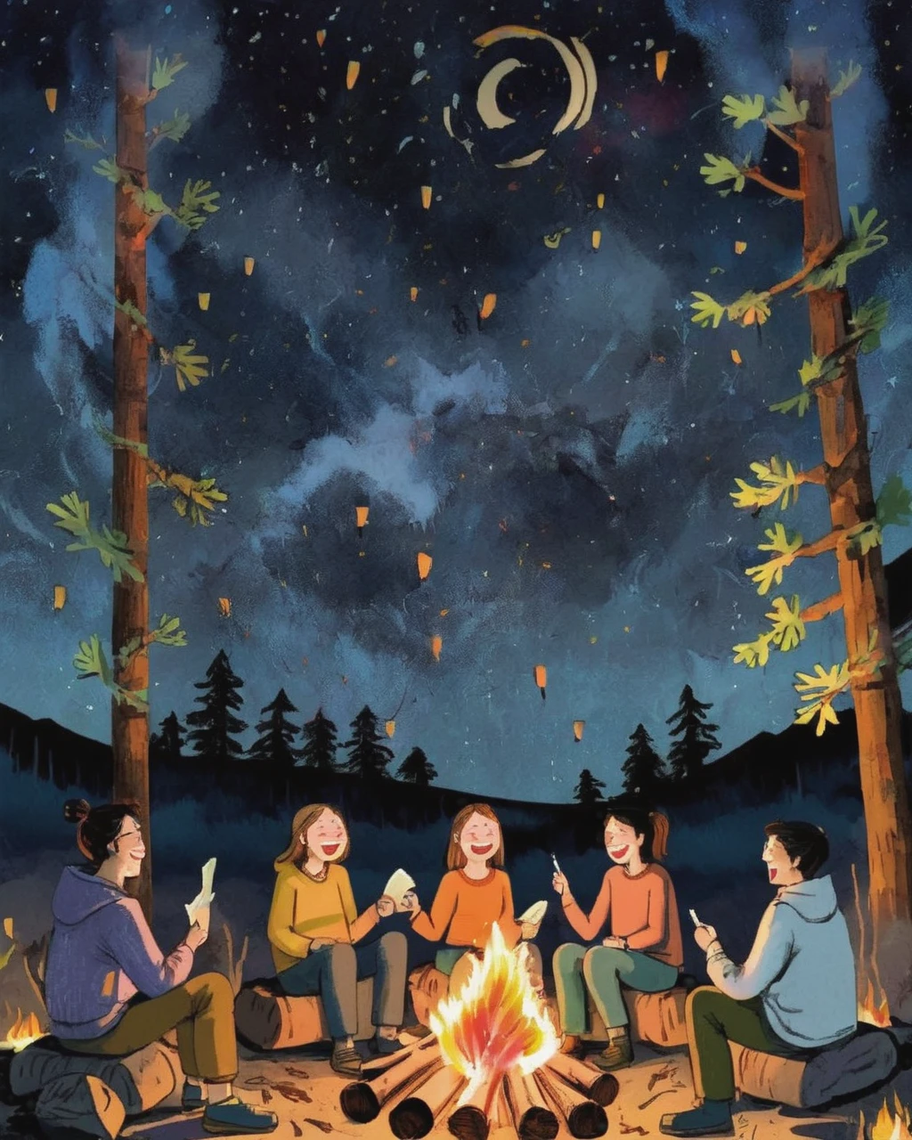A group of friends sitting around a campfire,Their laughter and stories mingled with the crackling fire.,Night Sky上闪烁着星星,(Bonfire Friendship),(tell a story),(Night Sky),Bonds of friendship, (Storybook illustration:1.7)、maximalism