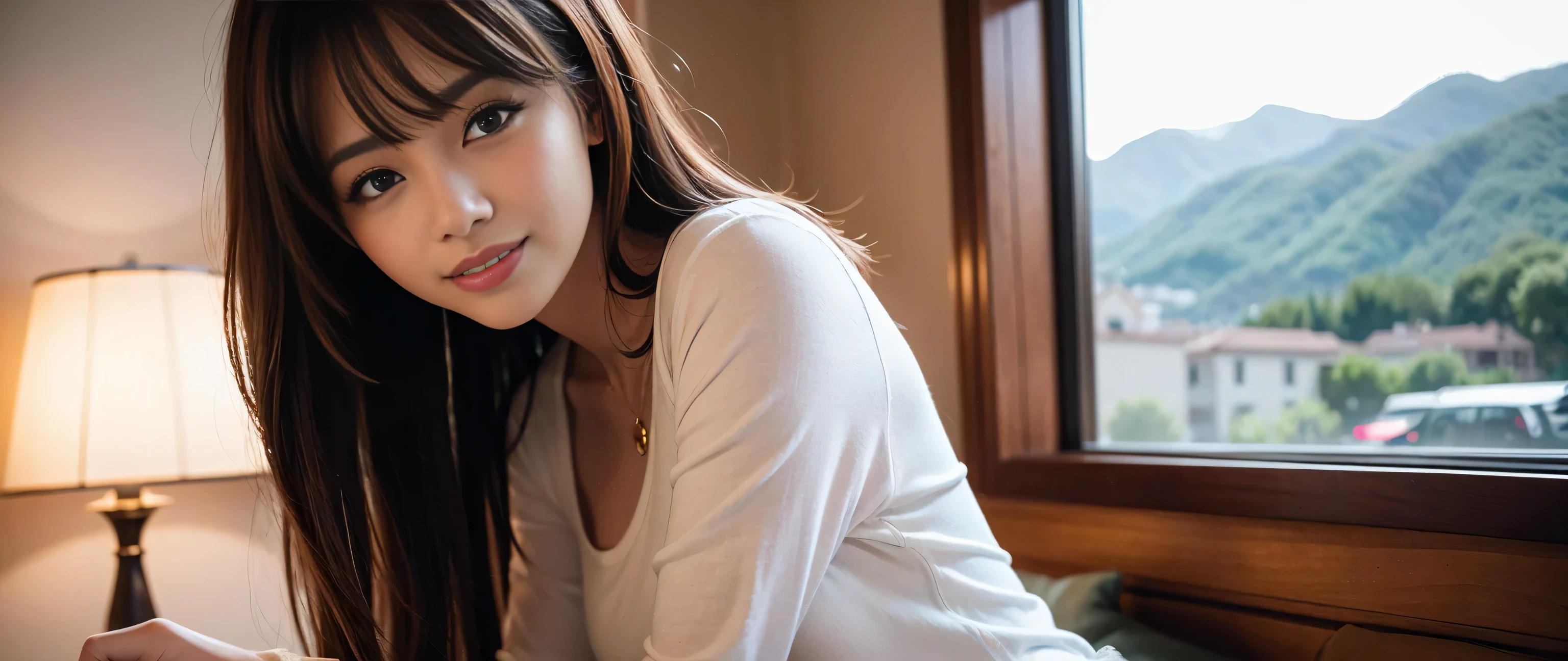 ((highest quality、8k、masterpiece:1.3))、Sharp focus:1.2、Beautiful woman perfect body:1.4、Slim body、((Bob Hale、Straight hair:1.2))、(to be born, highest quality, masterpiece:1.5), (Realistic, Intricate details:1.2), Ultra-high resolution, Spectacular view of the sunset sky and clouds、Amazing mountain views、A bright smile、A lovely woman with a smile、Bright image、2. The beauty of wine, Beautiful Face, blue eyes, The light shines on your face, Blushing, short hair,Bright Face、Fox face、 (44 years old), 39 years old, Lady、red wine 、Appetizer、Italian food、Wine bottle、Champagne、sparkling wine、Two beauties、brown hair、Shortcuts、Long sleeve shirt、dress、Pretty Woman 1, (slim face), (The body is slim), (brown hair), (Shortcuts), cheeks turn a little red,charming beauty、, Out of the window, A beautiful and detailed night view unfolds.........., restaurant, In a prominent place (From the waist up) Nova Frog Style, actress, model, Upper Body, White wine, slim, wine glass, wine glass placed in the middle, smile, (smile: 1.15), Beautiful fine grain, Depth f/2,saturation, High Contrast, Strong light and shadow,Moist Body:1.5、3D texture、Delicate eyes、brown hair、The hair is very shiny、