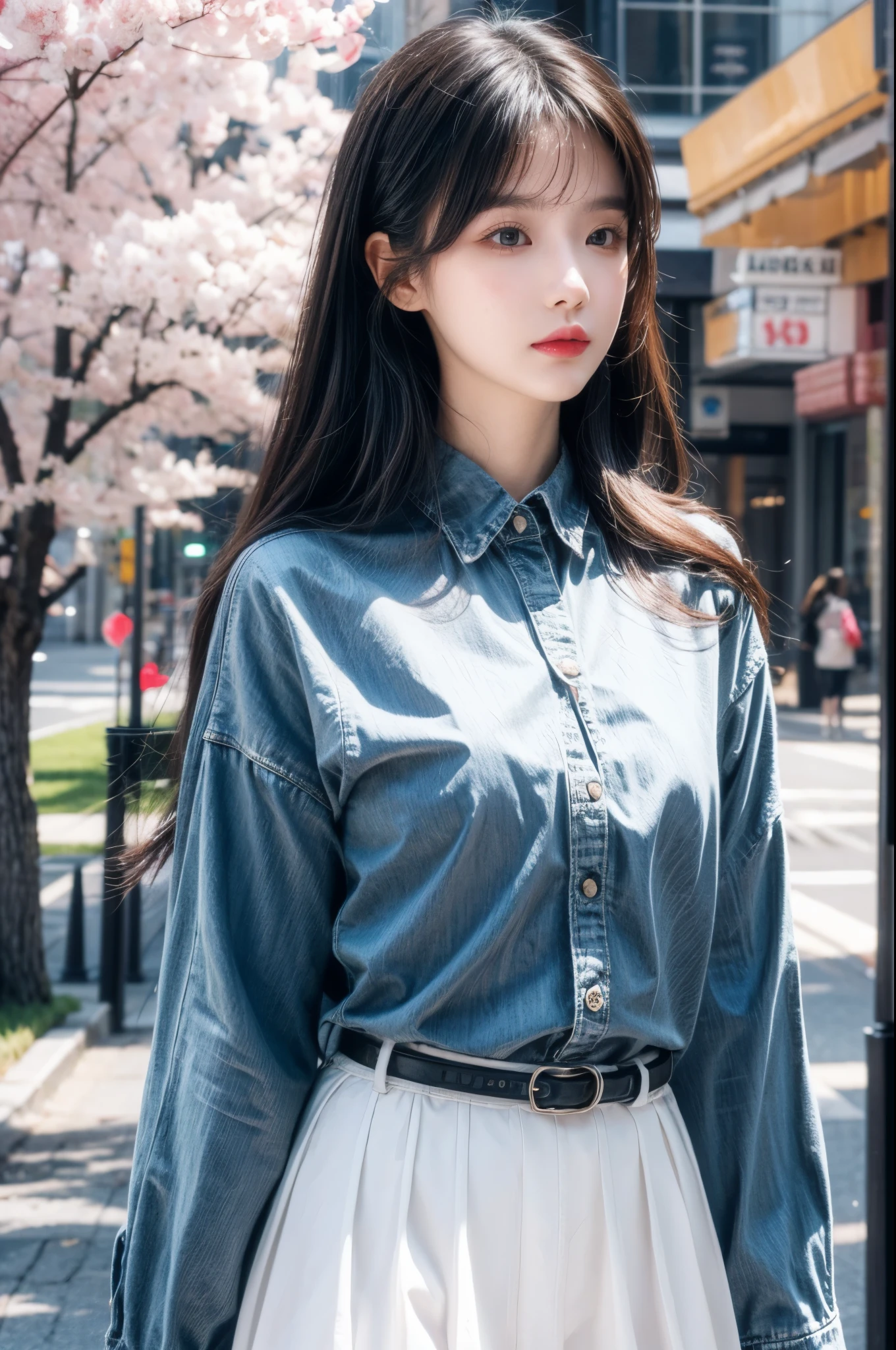 masterpiece、1 beautiful girl、Detailed eyes、Puffy eyes、Highest quality, 超High resolution, (Reality: 1.4), Cinema Lighting、Japanese、Asian Beauty、Korean、Super Beauty、Beautiful Skin、Slender、Body facing forward、(Surreal)、(High resolution)、(8k)、(Very detailed)、(Beautiful and detailed eyes)、(Ultra-detailed)、 (wallpaper)、Detailed face、Bright lighting、Professional Lighting、View your viewers、Look straight ahead、Dress code: A clean shirt and dress....、46 point diagonal bangs、Night Scenery、Brown Hair、Nogizaka Idol、Korean Idol、Gravure idol pose、、Age 25、expensive,