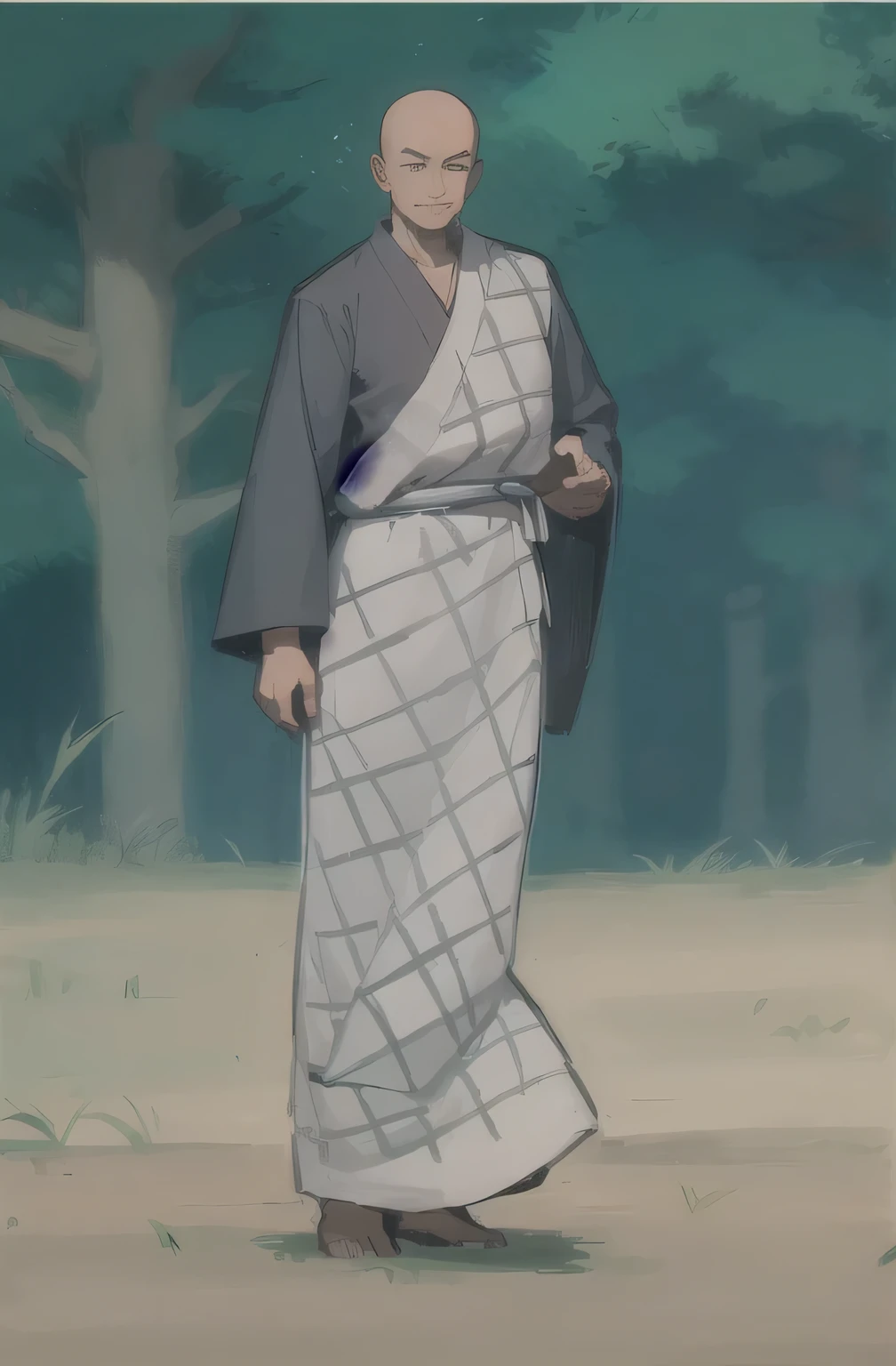 Cartoon characters wearing traditional temple clothes standing in the field, Shikanosuke Yagaki, Inspired by Toshusai Sharaku, Ueshiba Riichi, Inspired by Zhou Wentianchong, Kenji Tsuruta, Inspired by Dongyang Sesshu，Grey Sleeve，Monk，Baldness，Wearing a monk&#39;s robe