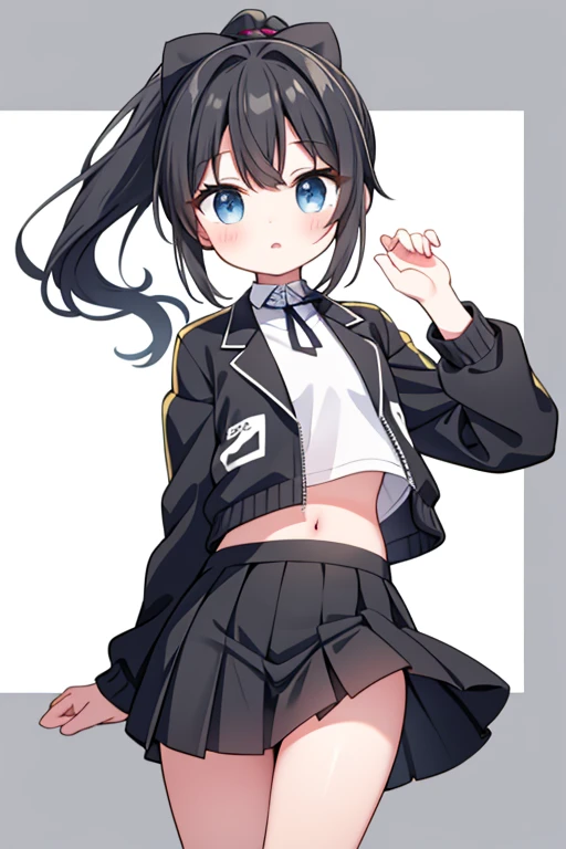 girl、、ponytail、Flip up the skirt、White shirt、black jacket、belly button、