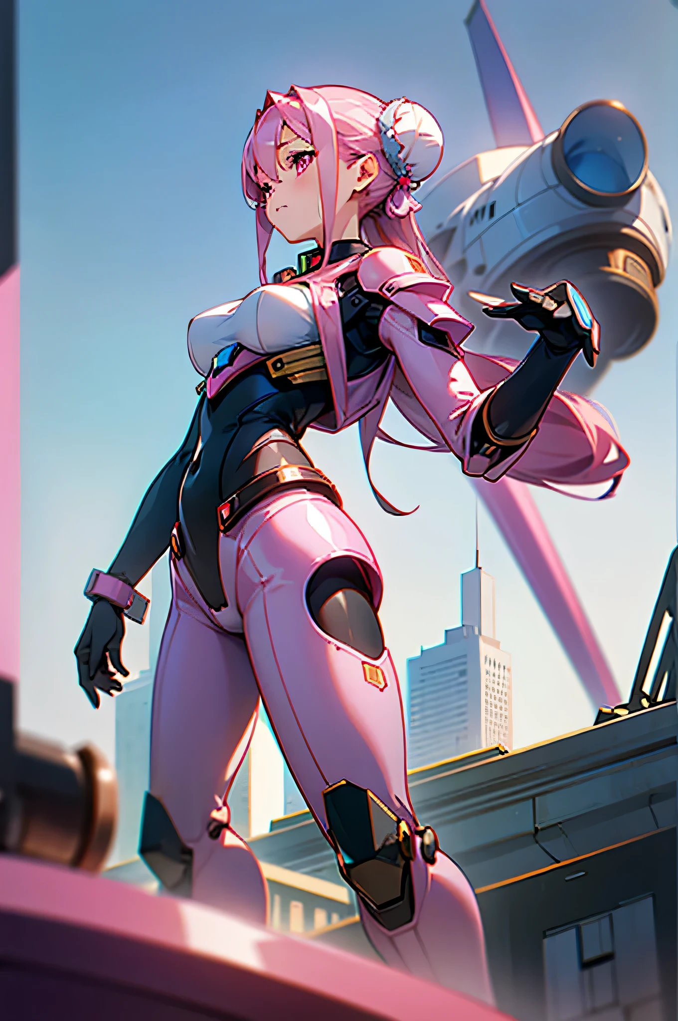 (very good, Professional, Surreal), Skyscrapers rising from the ground，Formation of a spectacular future cityscape. centered in picture, A huge and powerful robot mecha girl stands tall. Pink metal shell shines, She is wearing a black bodysuit, masterpiece, highest quality, High resolution, {finely beautiful eyes}, finely,  finely beautiful eyes,1 girl, (alone:1.5),  (Hair Ribbon:0.4), Pink Eyes,movie angle,perspective,White bun hair,long pink hair,