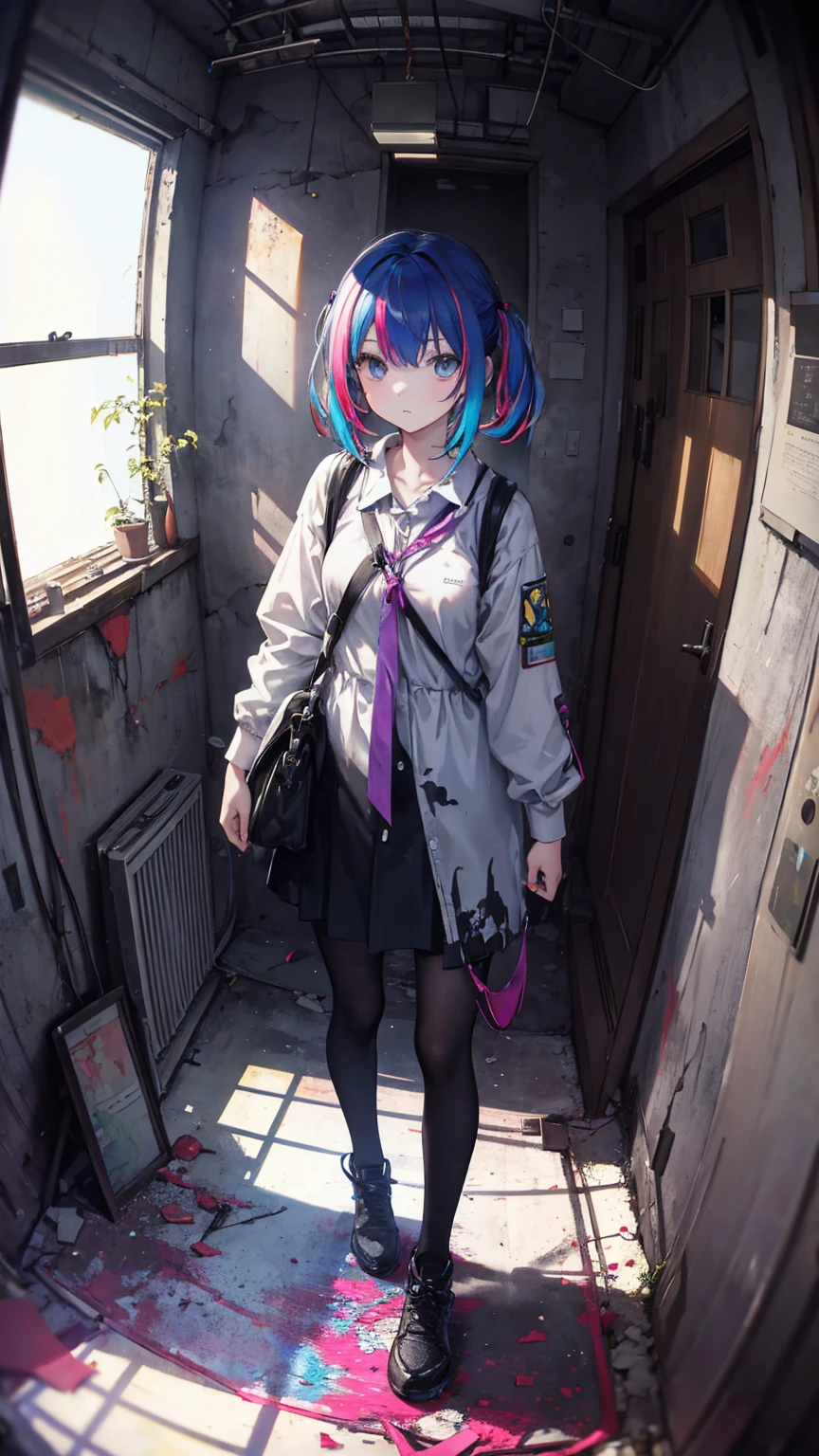 (masterpiece, best quality), (colorful:1.4), from above, solo, 1girl standing in a dark and abandoned asylum with eerie whispers and a bag of ghost-hunting equipment, depth of field, fisheye lens