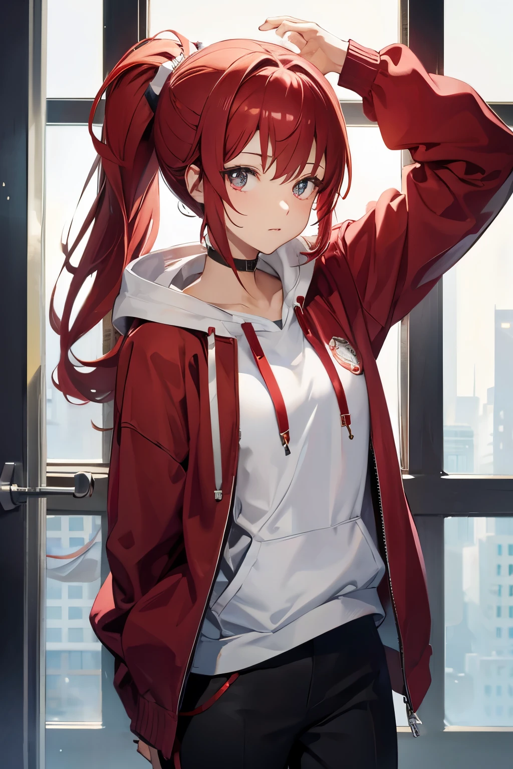 1 person, Red 머리카락, ponytail, Red,white odd eye, White Hoodie, black pants
