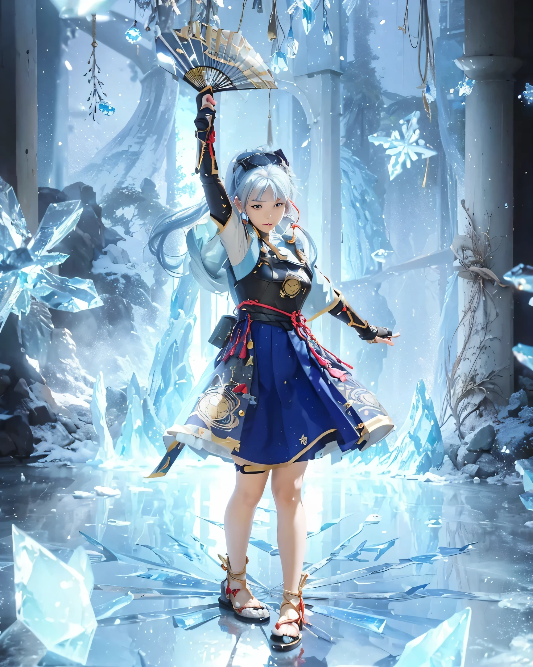 ((KAMISATO AYAKA_GENSHIN IMPACT),((realistic, photorealistic)),(highlight hair)), Light reflection, (( HD )),((upper body)), (((best quality, masterpiece))), (masterpiece) (best quality) (detail) (8k) (HDR) (wallpaper) (cinematic lighting) (sharp focuasterpiece, best quality: 1.1), Real life adaption of this character, Asian beauty face, Shining Purple eyes, realistic outfit, realistic shadow, realistic light, realism, hyper realistic, realistic background,(photorealistic:1.2), 1girls,Ice palace background, drifting,Holding a fan, Particles ice, water reflection, ice crystal background, floating hair, armor suit