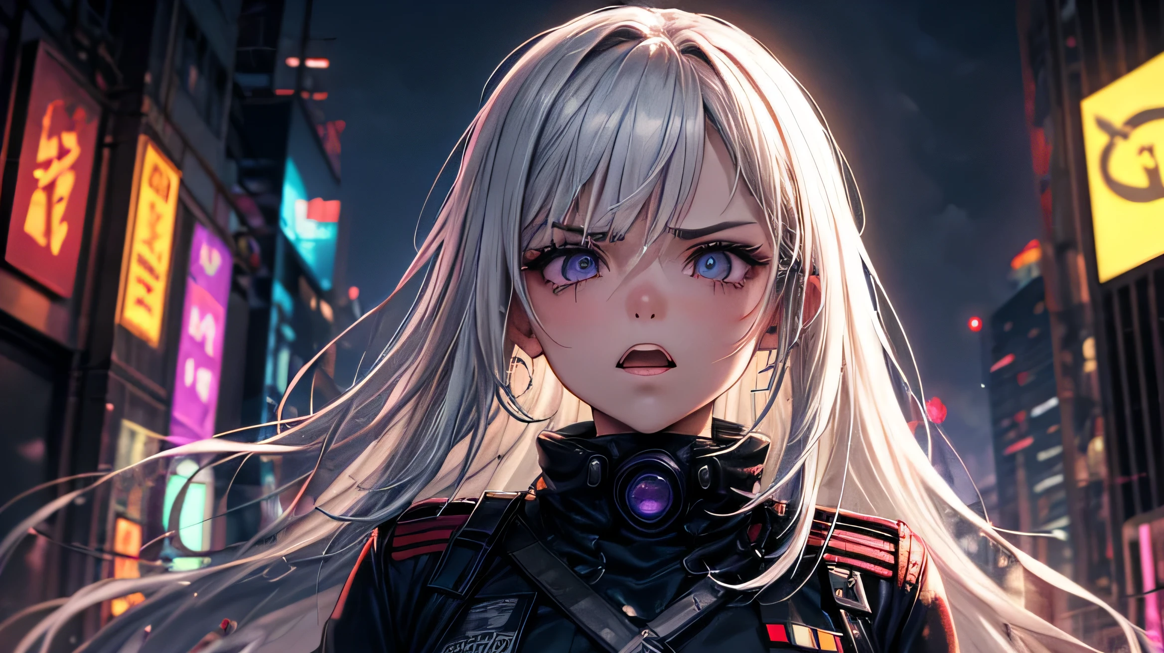 women
Only one
Angry Face
Plump Body
Gray hair
Long hair
cyberpunk costume
military uniform
Describes perfect facial expression
Describing a perfect outfit
Describing perfect hair
Night
Neon
Purple
Rain