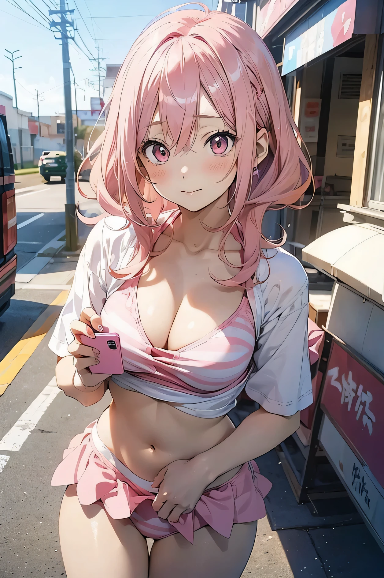 anime girl with pink hair and a pink bikini taking a selfie, an anime drawing by Kamagurka, pixiv, auto-destructive art, with index finger, anime girls, guweiz, revealing clothes, ecchi style, top rated on pixiv, at pixiv, thicc, anime moe artstyle, ((pink)), accidentally taking a selfie