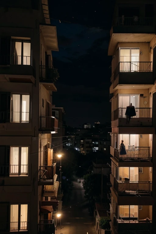 "Gerar uma imagem de uma cidade ao anoitecer, showing old buildings. Some buildings have clothes hanging on the line, while others have lights on with shadows of people dancing inside the apartments. Include apartments with lights off and an apartment where someone is smoking on the balcony. The scene must have melancholic tones."