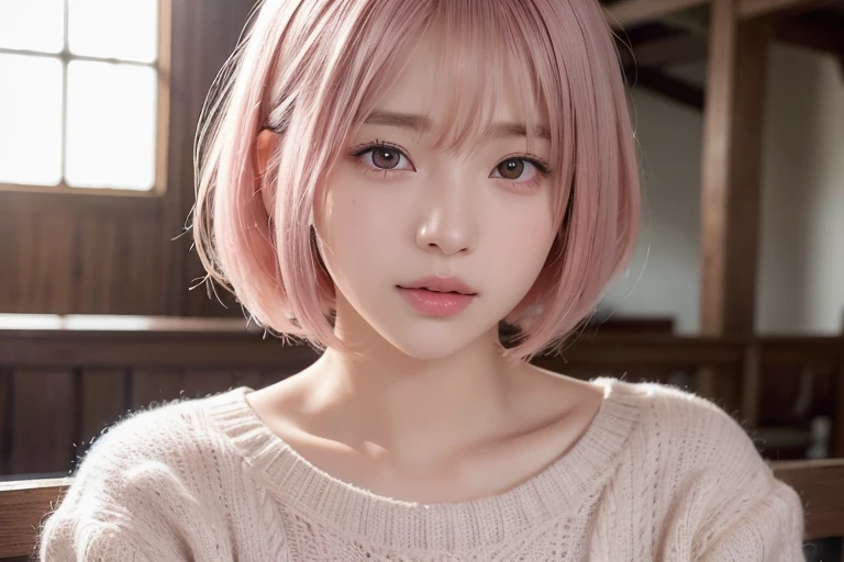 (Bob Cut Hair, Pink Hair:1.2),(wearing a knit sweater:1.2),1 girl,Japanese,21 years old,(Small breasts:1.3),(highest quality,masterpiece:1.3,超A high resolution,),(Ultra-detailed,Caustics),(Photorealistic:1.4,RAW shooting,)Ultra-Realistic Capture,Very detailed,High resolution 16K human skin close-up。 Natural skin texture、,Pores、、It needs to be detailed enough to be easily identifiable。 Skin should be even-toned and healthy looking。 Use natural light and colour, Sad expression, Looking at the camera, Perfect dynamic composition, Inside the church