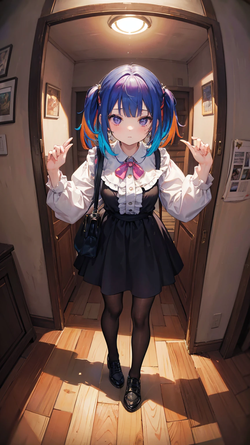 (masterpiece, best quality), (colorful:1.4), from above, solo, 1girl standing in a haunted mansion with creaky floorboards and a bag of ancient spells, depth of field, fisheye lens