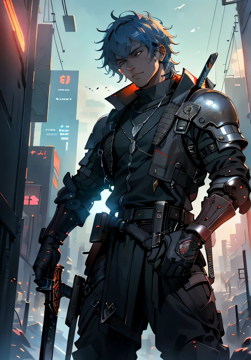 Ultra Detailed, high resolution, Ultra Detailed, best quality, Astonishing, top quality, Extremely detailed CG 8k wallpaper unit, Movie Lighting, Cyberpunk,The End, A male leader,Team of three,Wearing armor of different colors,Holding a long sword with blue light in hand,Full of armor,The expression is majestic,In an environment full of enemies,