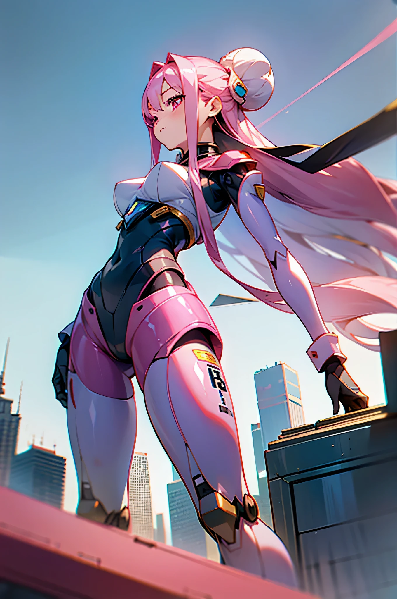 (very good, Professional, Surreal), Skyscrapers rising from the ground,Formation of a spectacular future cityscape. centered in picture, A huge and powerful robot mecha girl stands tall. Pink metal shell shines, She is wearing a black bodysuit, masterpiece, highest quality, High resolution, {finely beautiful eyes}, finely, finely beautiful eyes,1 girl, (alone:1.5), (Hair Ribbon:0.4), Pink Eyes,movie angle,perspective,White bun hair,long pink hair,