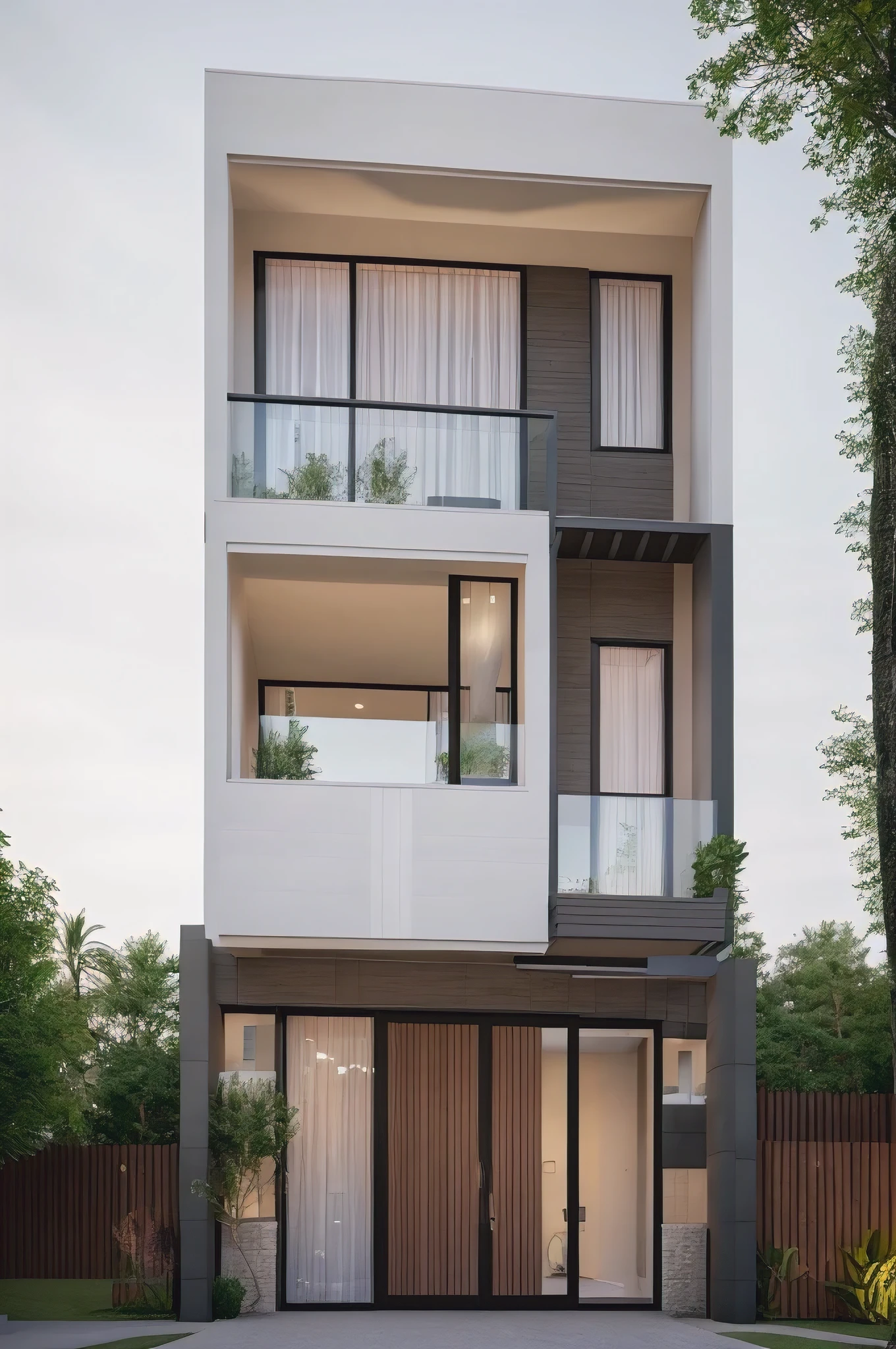a rendering of a two story house with a garage and a balcony, front elevation view, frontview, elevation view, wide angle exterior 2022, complete house, exterior design, detailed rendering, mid-view, modern lush condo as shopfront, front elevation, front-view, overall architectural design, architectural concept, 3/4 view realistic, residential design
