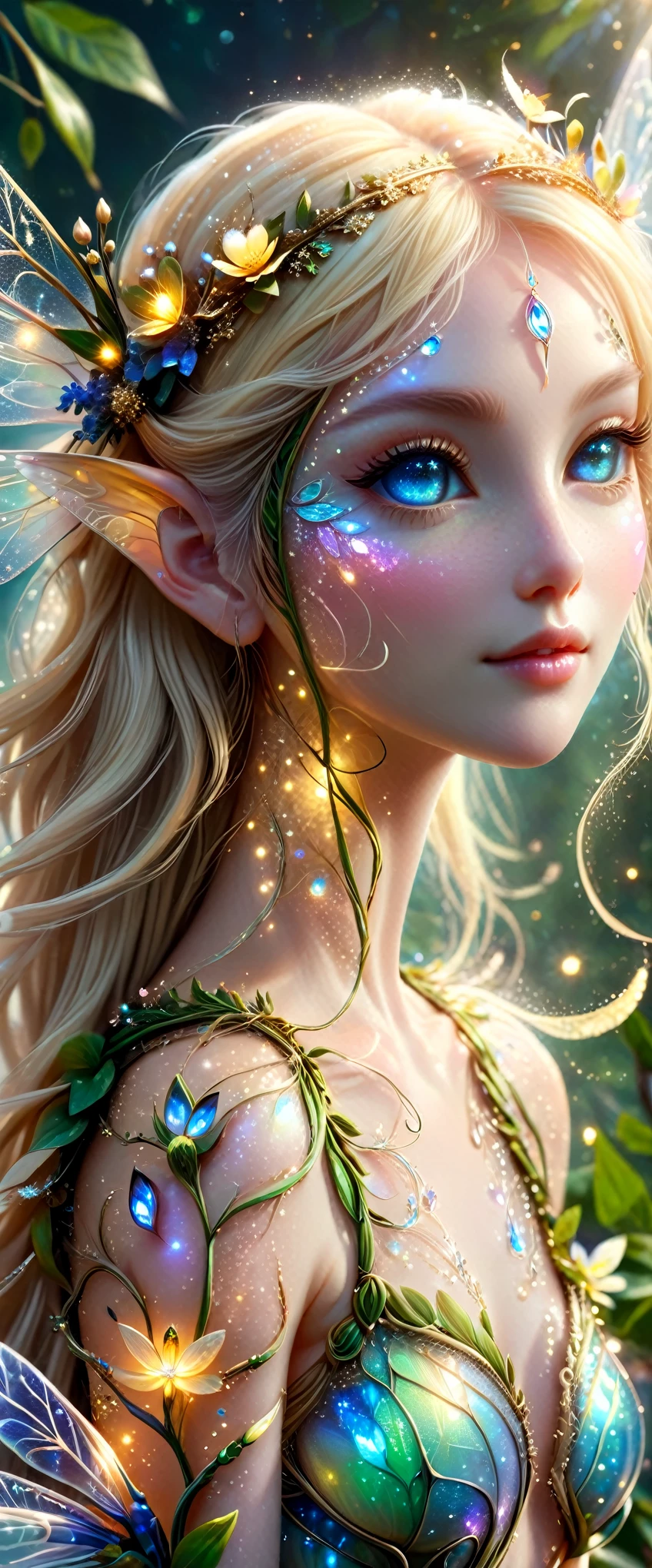 (master piece), 8k, best quality, panoramic view, full body view, fairy, emanated an aura of delicacy and youth,  centimeters tall. Her skin was white as snow, while her blonde hair shone like strands of gold in the sun. Her very conservative clothes that cover her body well, made of skillfully woven flower petals, 4 delicate translucent dragonfly wings, exuded an enchanting glow, lighting her way with pure magic. Her blue eyes sparkled, while her pointed elfin ears added a touch of charm to her celestial appearance.